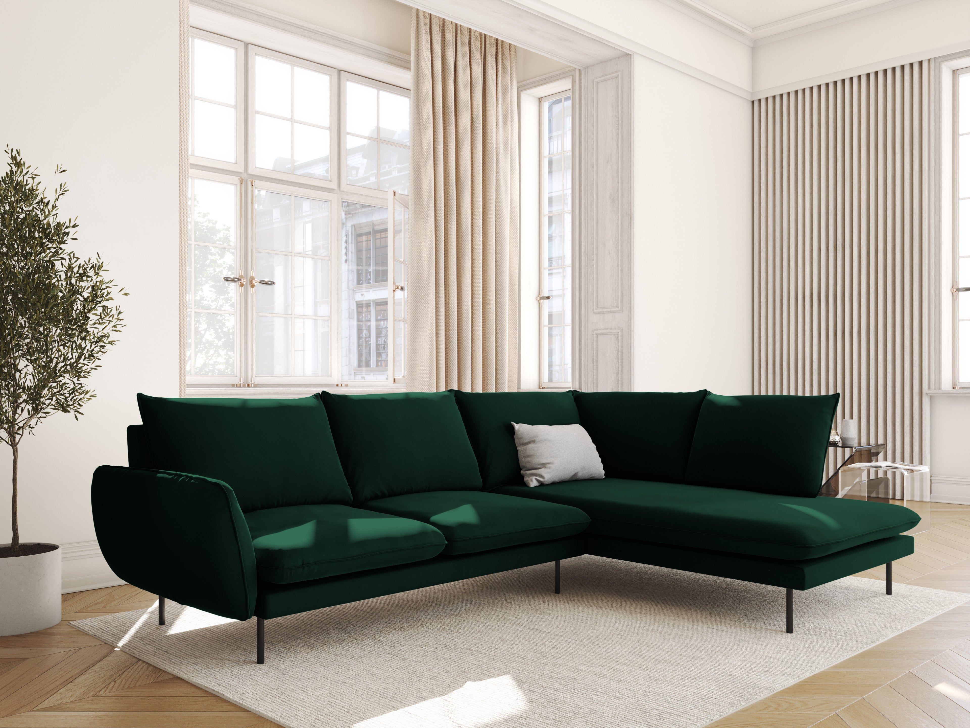 Panoramic Velvet Sofa for 6 People VIENNA in Bottle Green with Black Base