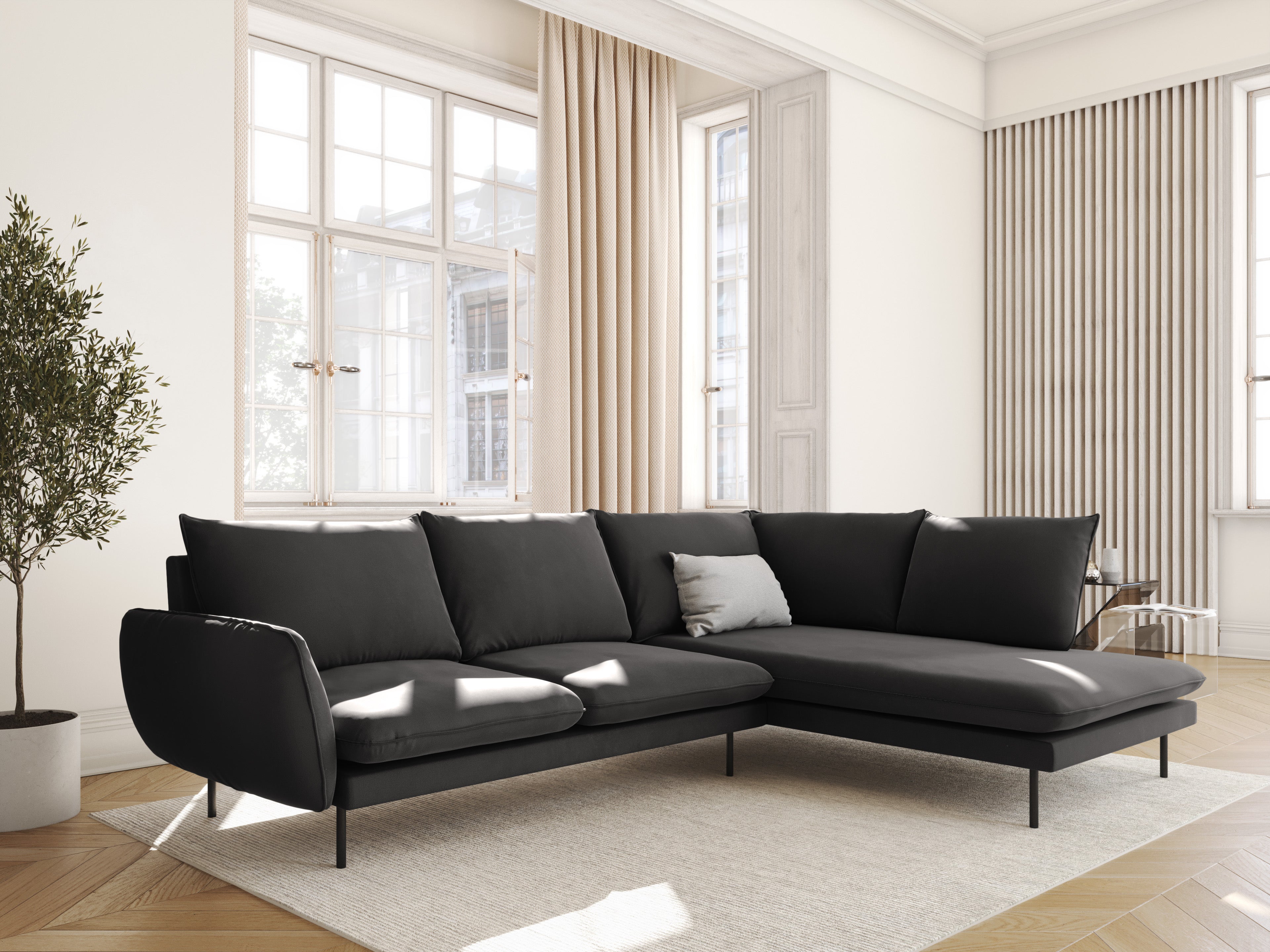 VIENNA Dark Gray Velvet 6-Seater Panoramic Sofa with Black Base