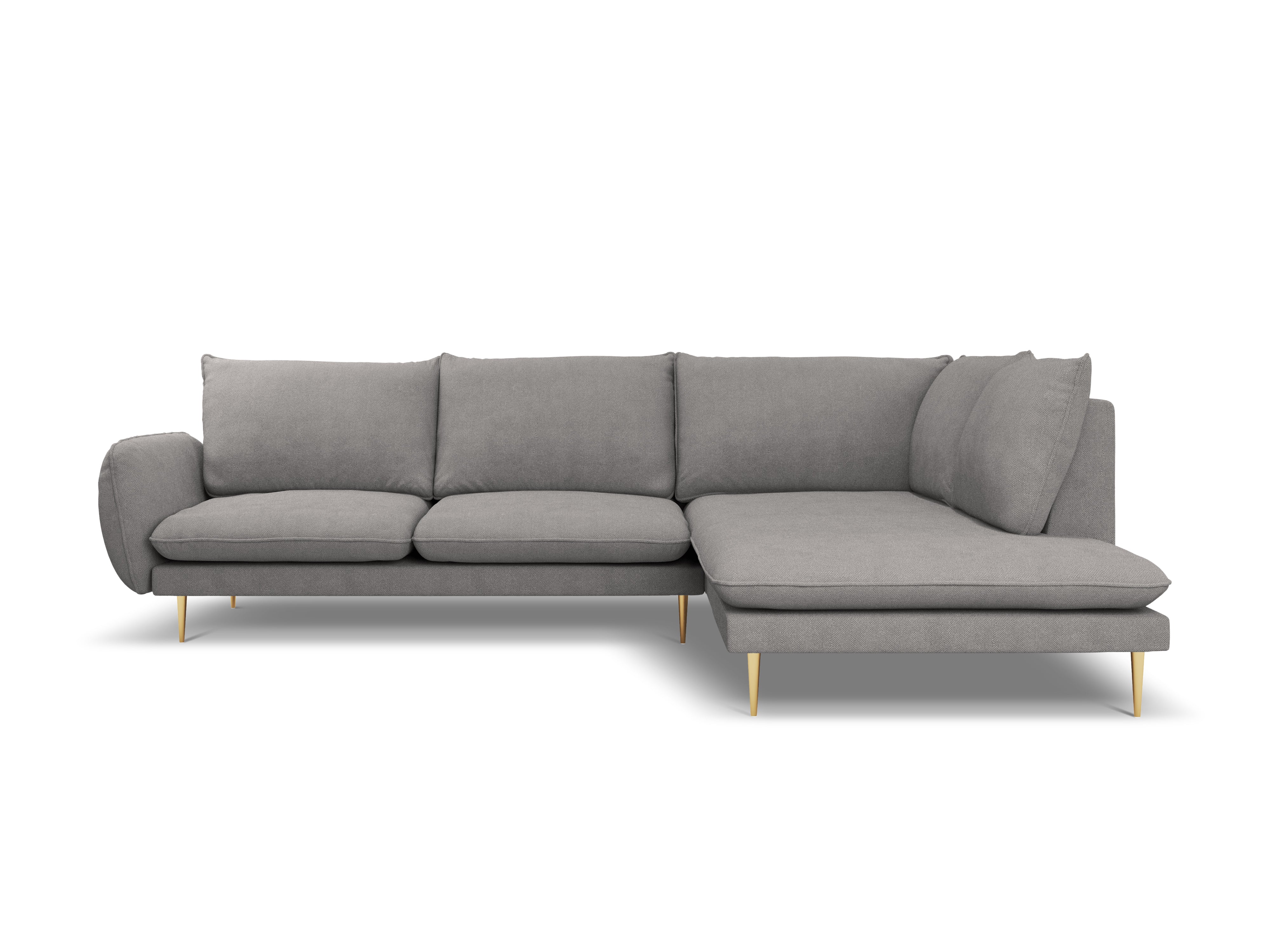 Rechtsseitige 6-Sitzer-Eckcouch VIENNA in grauem Chenille mit goldenem Fuß