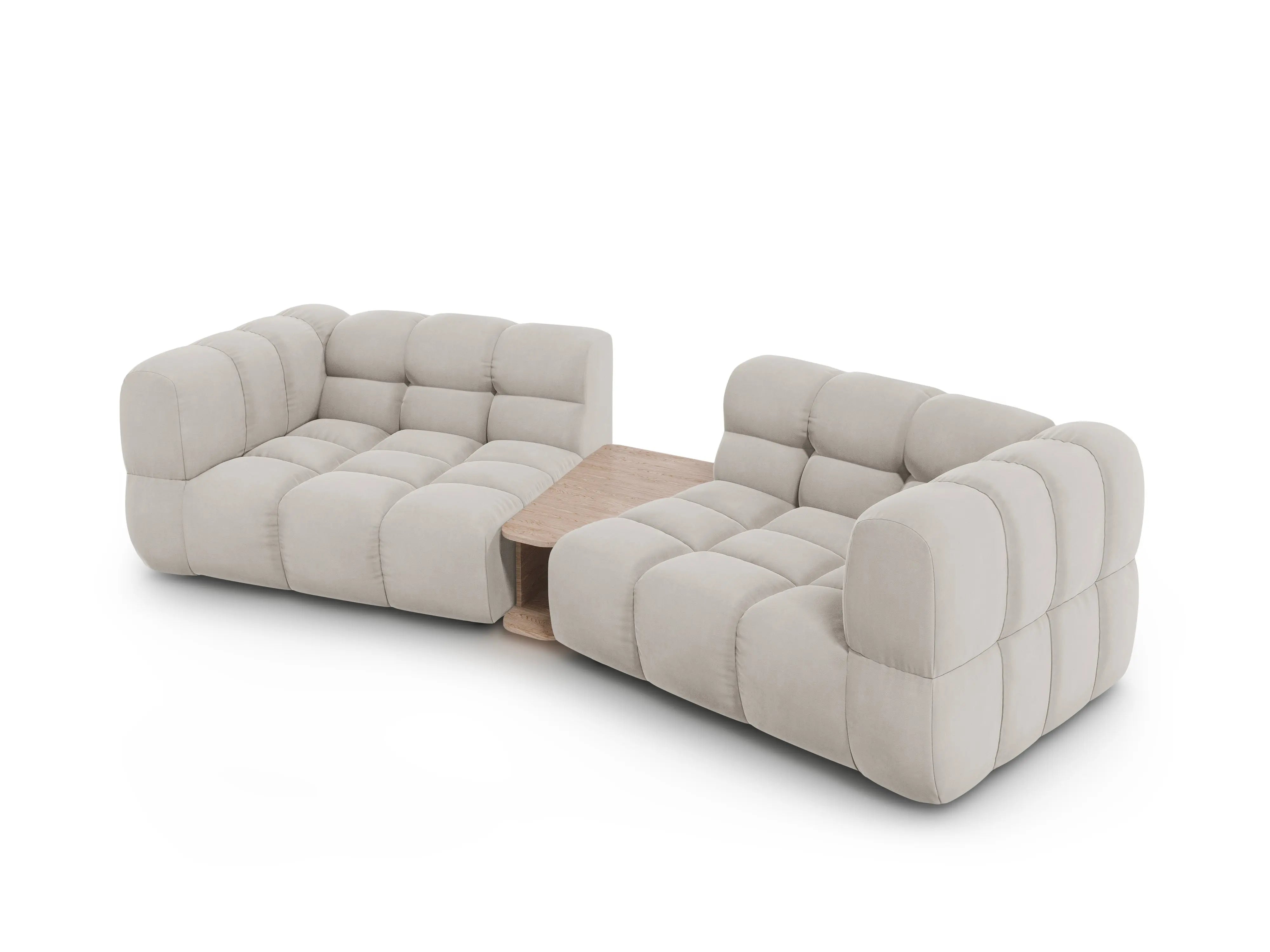 Sofa aksamitna 2-osobowa zaokrąglona ze stolikiem SKY jasnobeżowy – Cosmopolitan Design