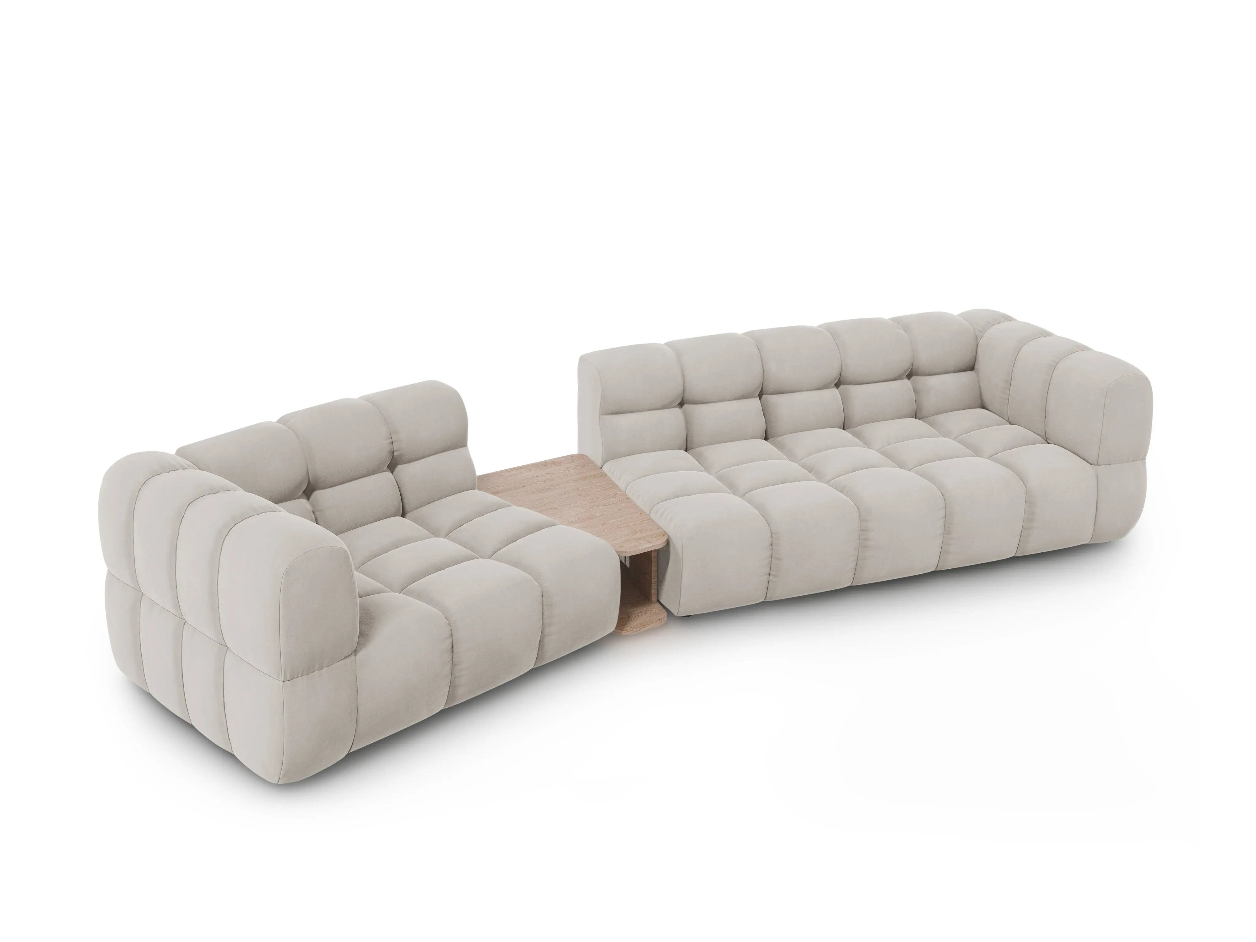 Sofa aksamitna lewostronna 3-osobowa zaokrąglona ze stolikiem SKY jasnobeżowy – Cosmopolitan Design