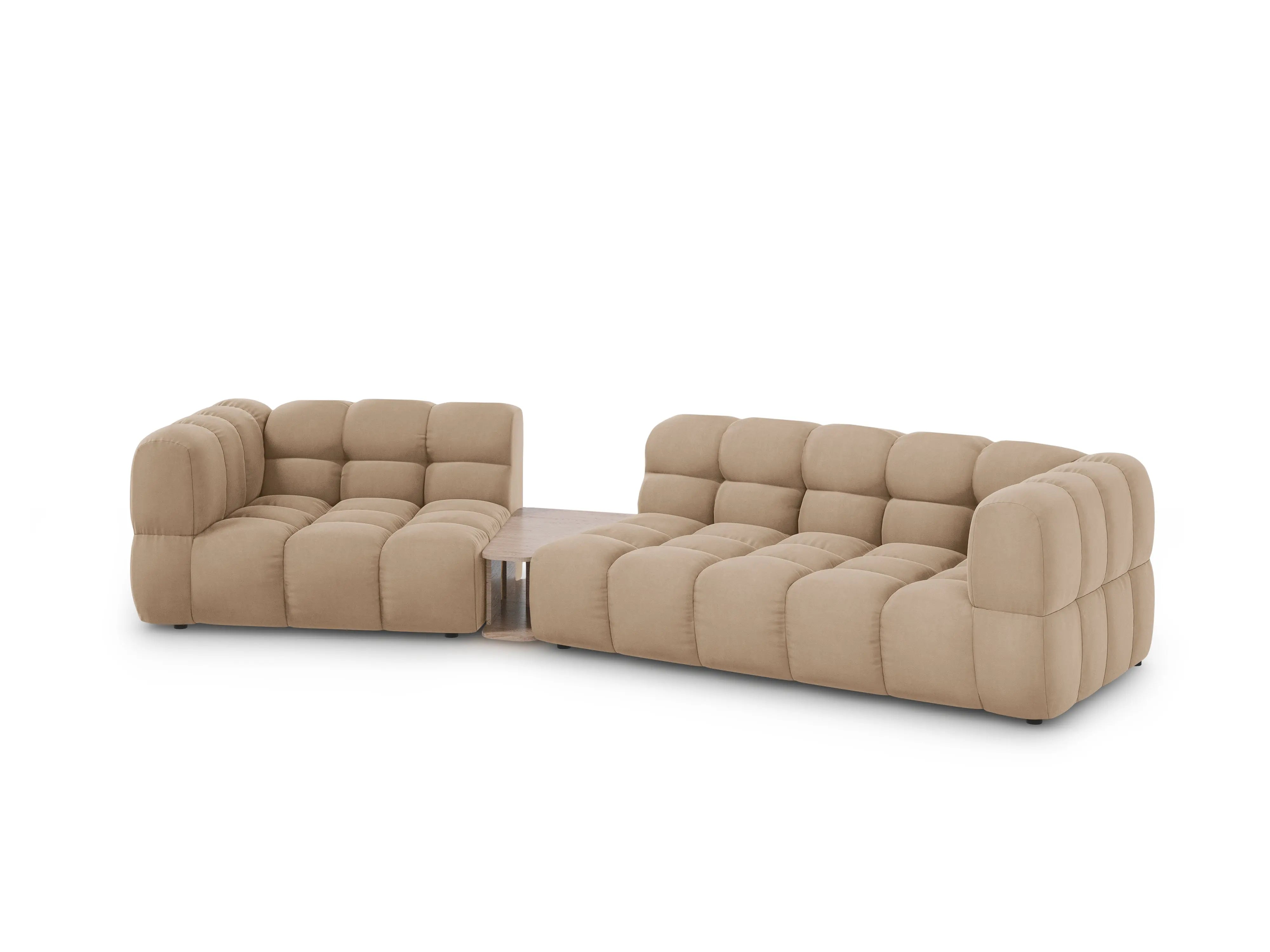 Sofa aksamitna lewostronna 3-osobowa zaokrąglona ze stolikiem SKY piaskowy do salonu