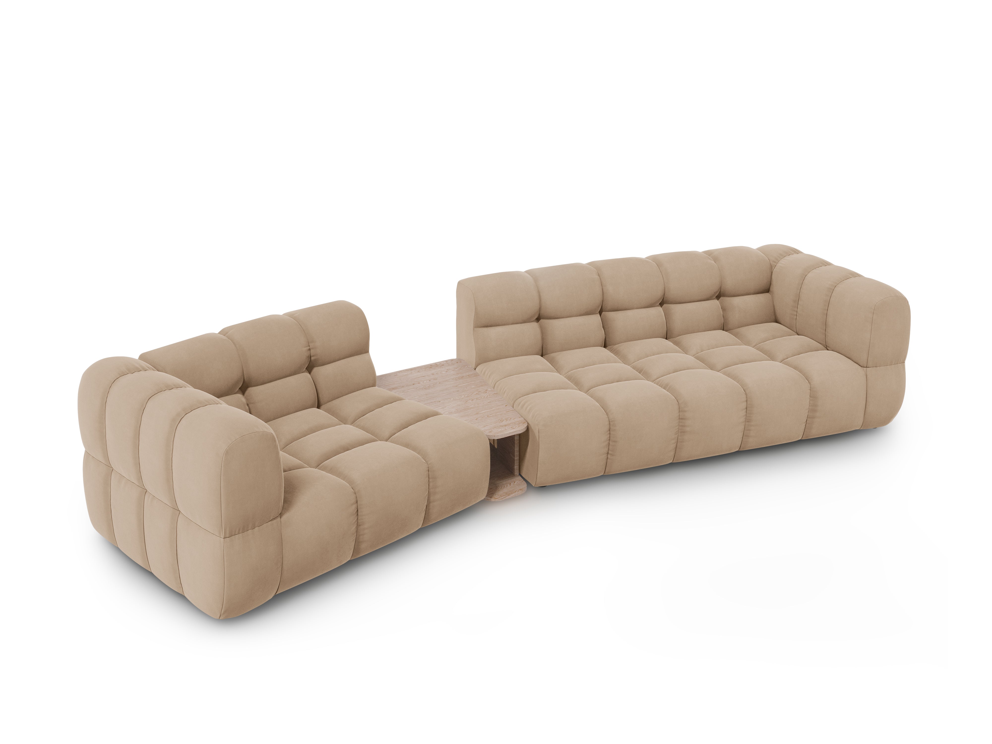Sofa aksamitna lewostronna 3-osobowa zaokrąglona ze stolikiem SKY piaskowy Cosmopolitan Design Eye on Design