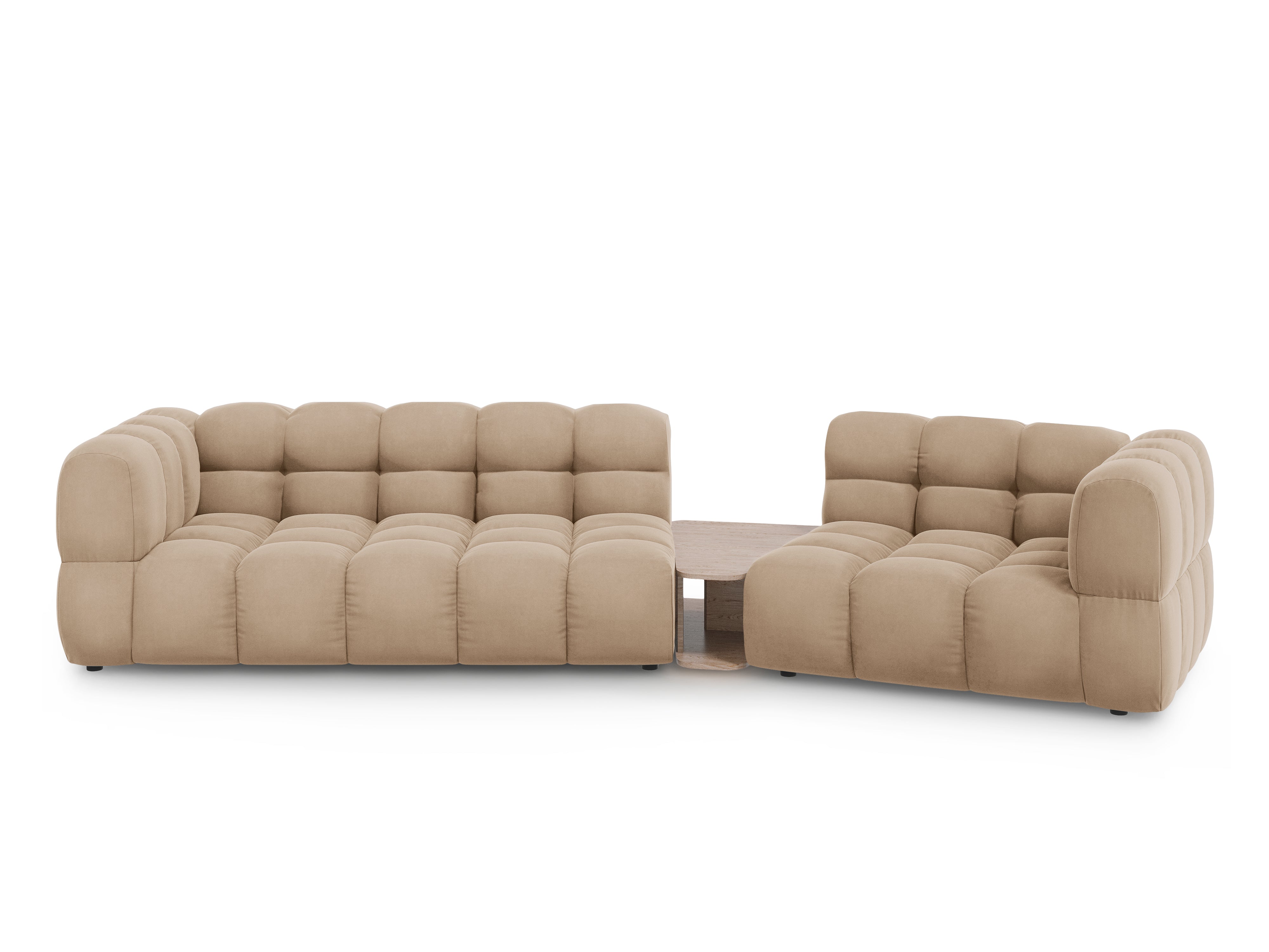 Sofa aksamitna prawostronna 3-osobowa zaokrąglona ze stolikiem SKY piaskowy Cosmopolitan Design Eye on Design