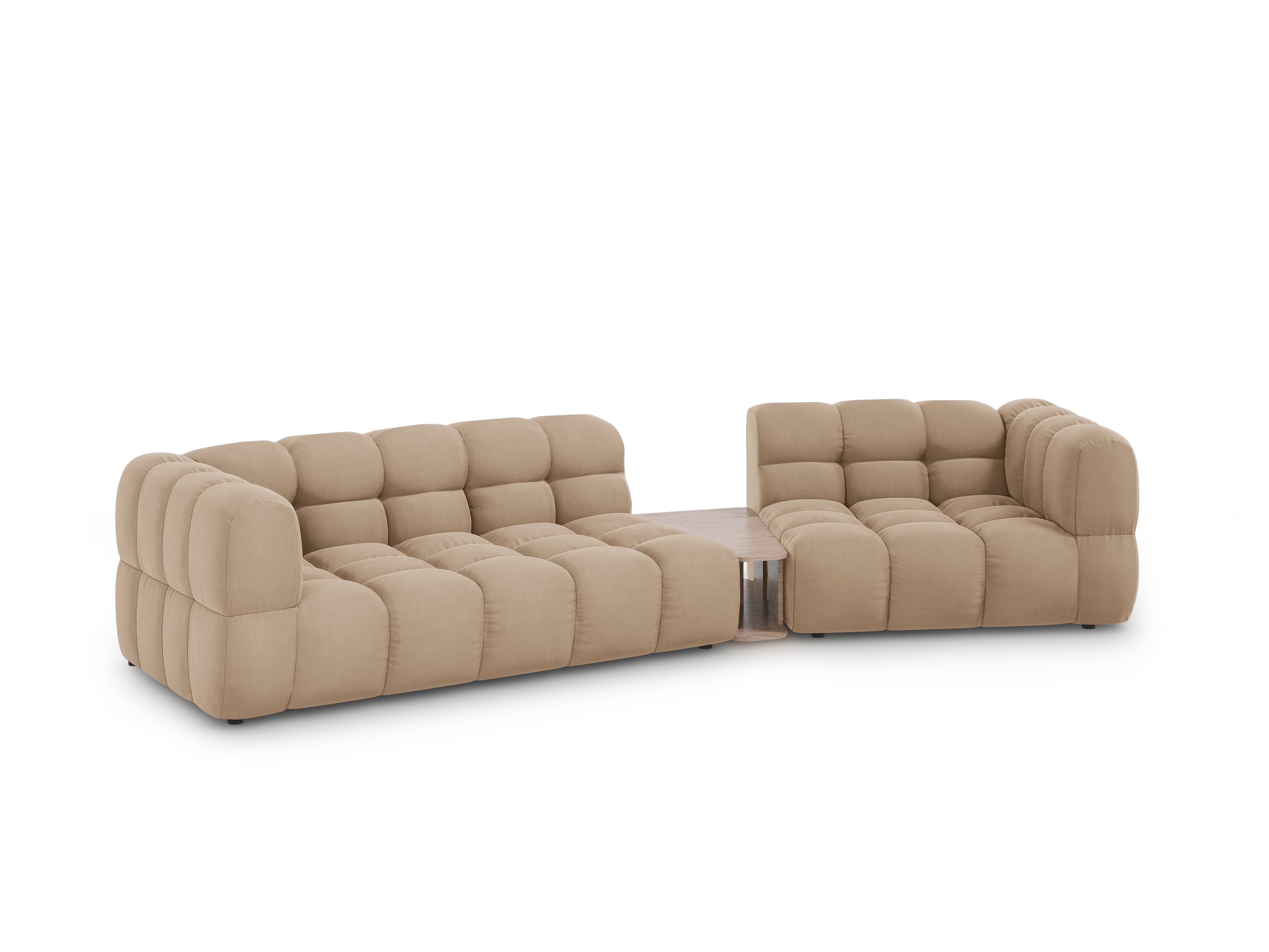 Sofa aksamitna prawostronna 3-osobowa zaokrąglona ze stolikiem SKY piaskowy Cosmopolitan Design Eye on Design