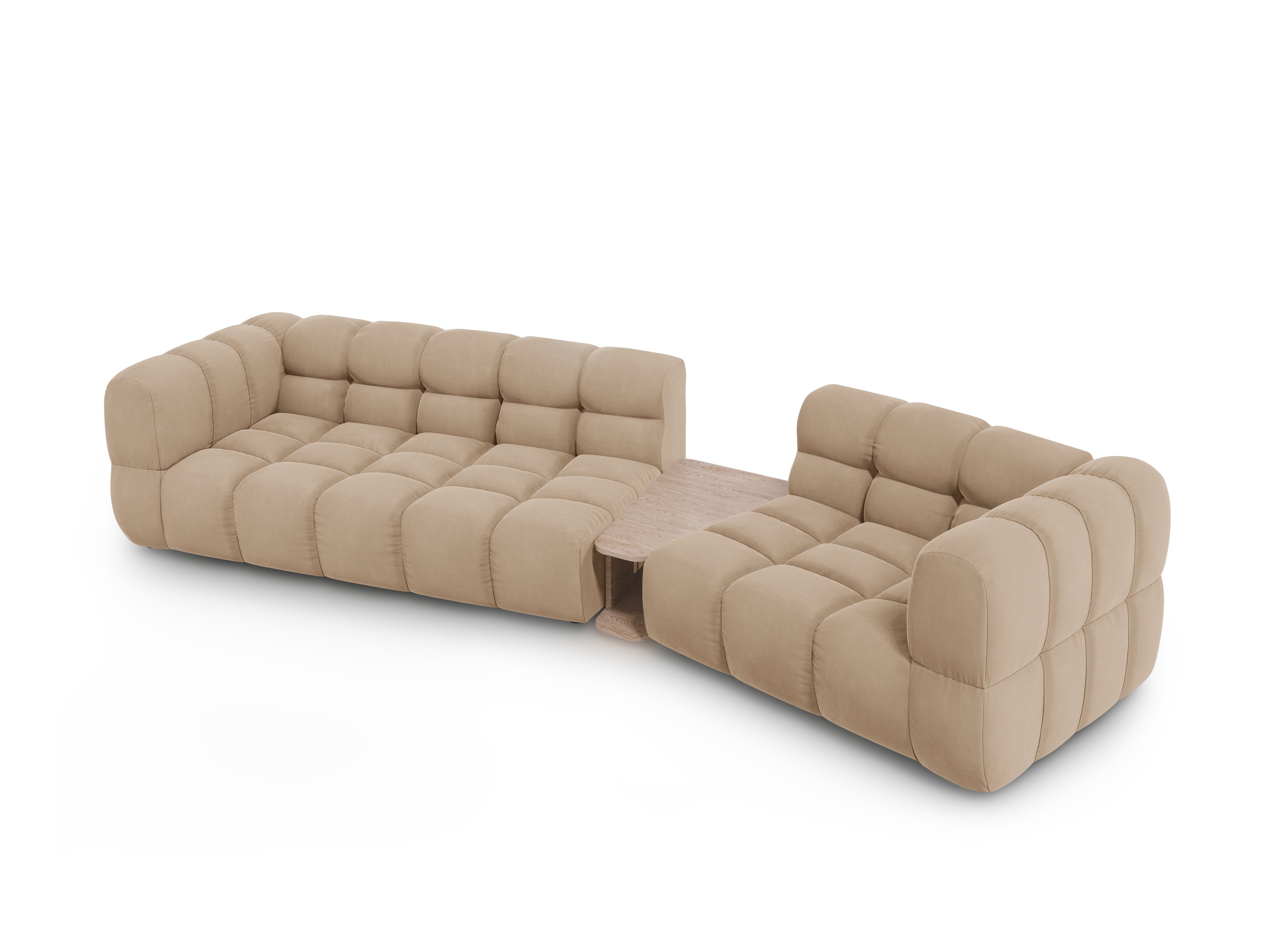 Sofa aksamitna prawostronna 3-osobowa zaokrąglona ze stolikiem SKY piaskowy Cosmopolitan Design Eye on Design