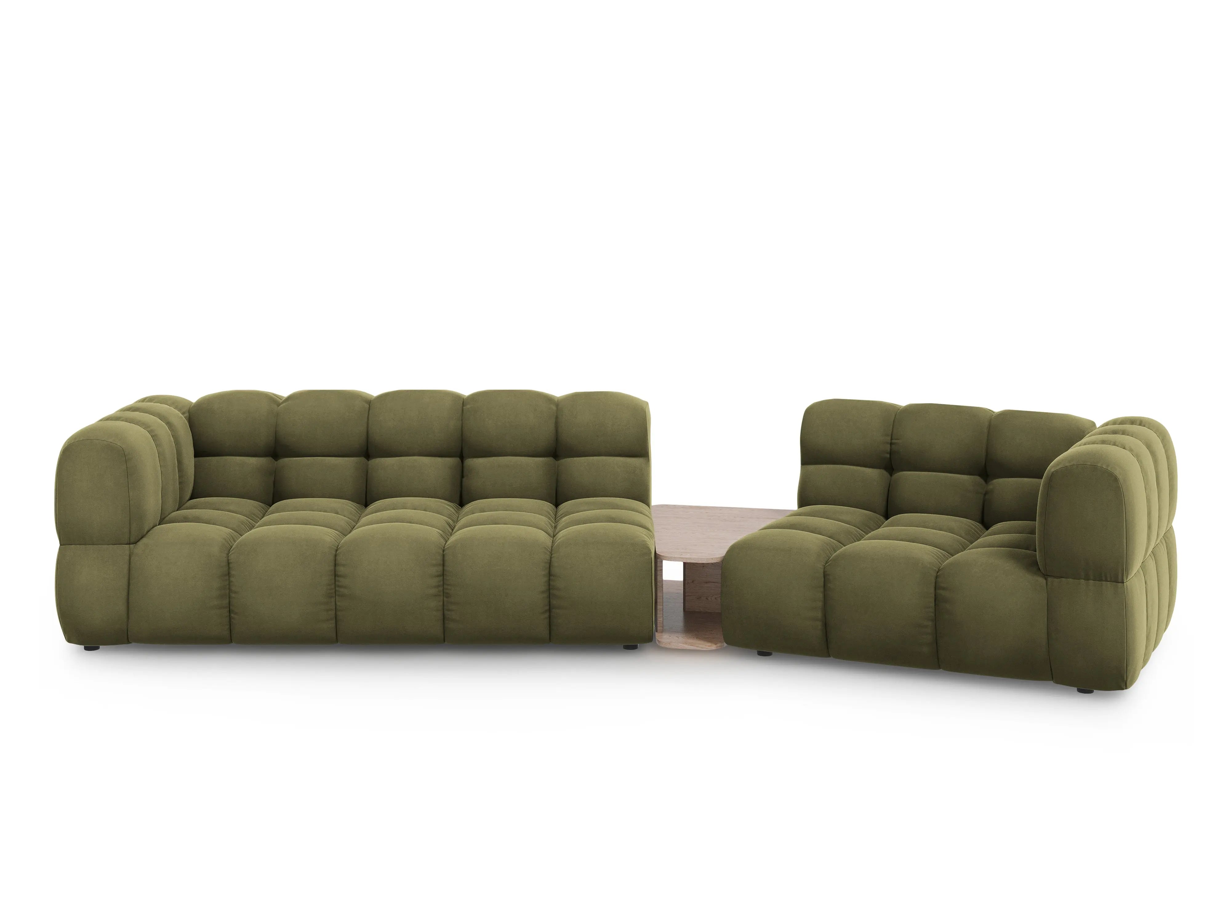 Sofa aksamitna prawostronna 3-osobowa zaokrąglona ze stolikiem SKY jasnozielony do salonu