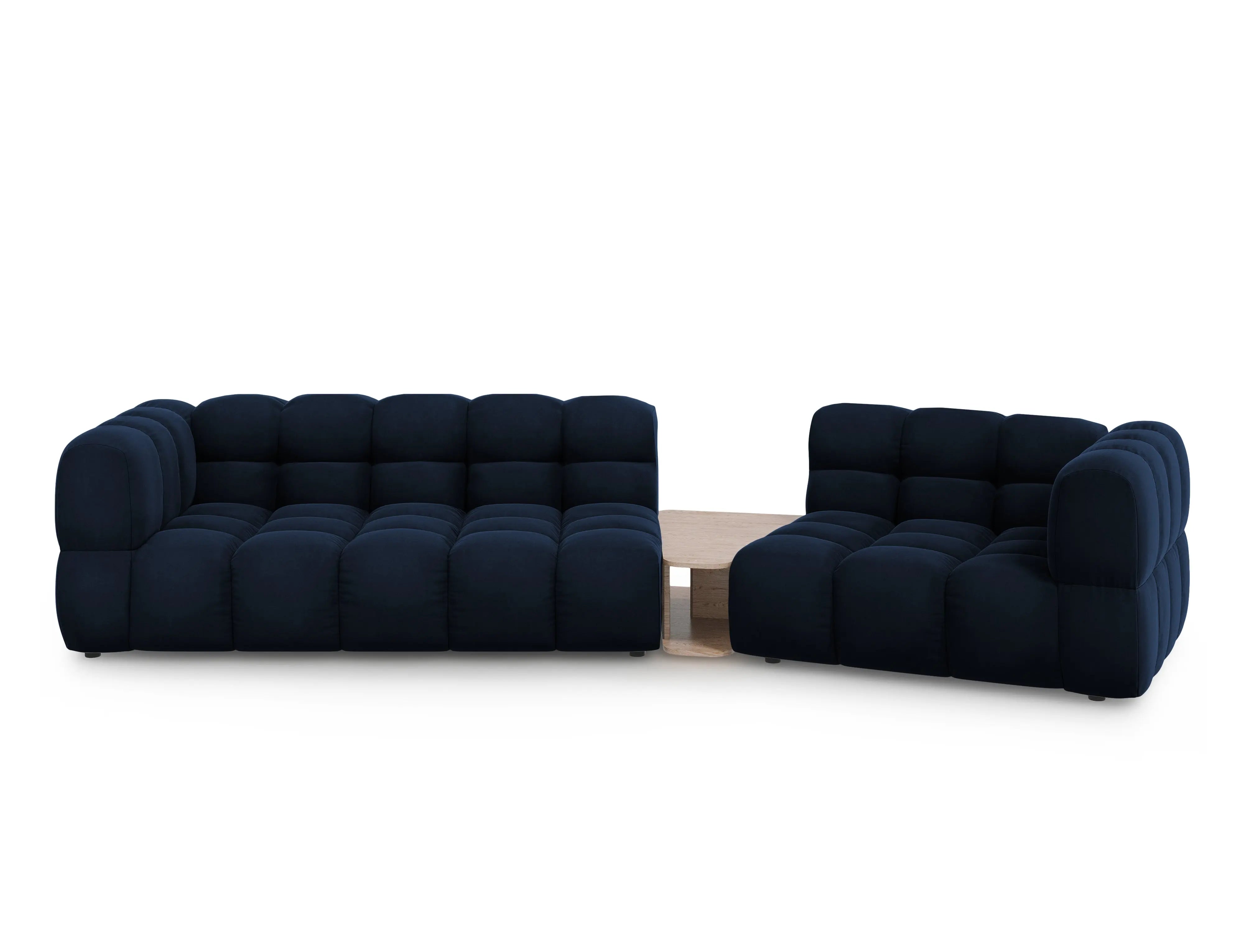 Sofa aksamitna prawostronna 3-osobowa zaokrąglona ze stolikiem SKY granat królewski – Cosmopolitan Design