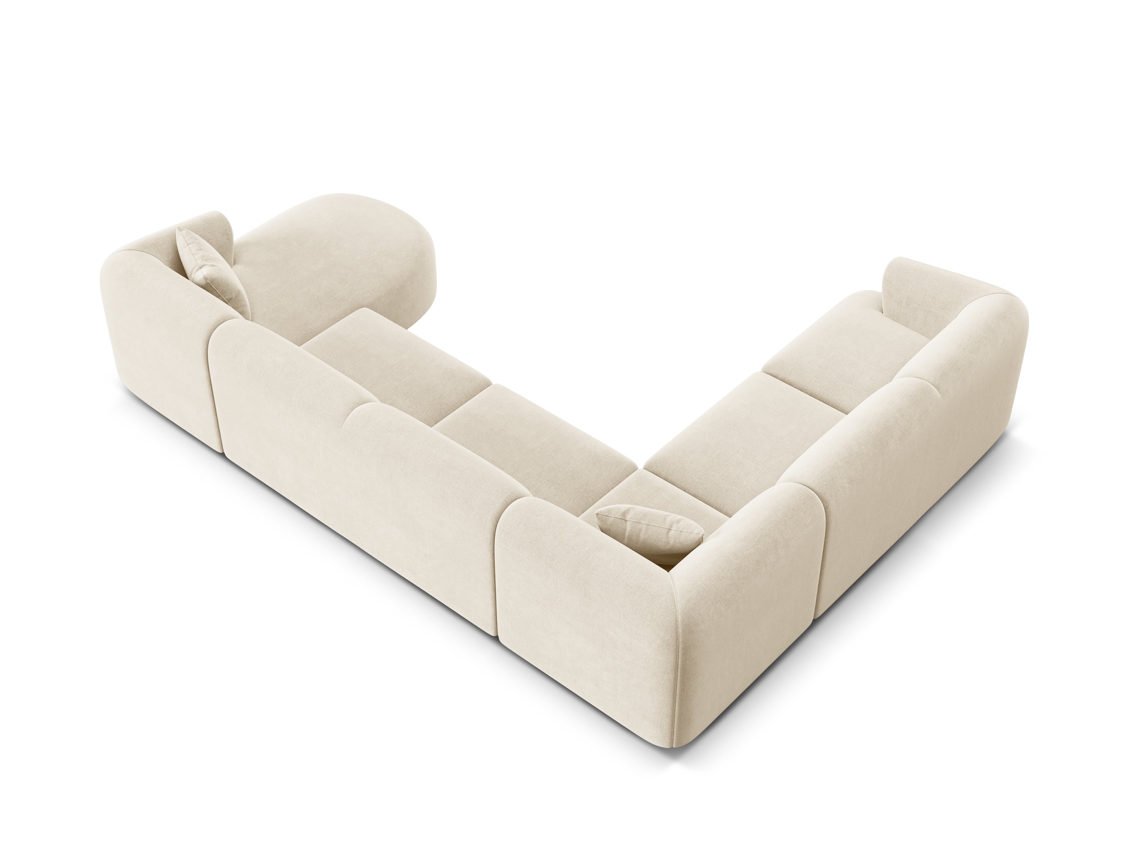 Linksseitiges, samtiges, panoramisches 7-sitziges Ecksofa CAMPI in hellbeige