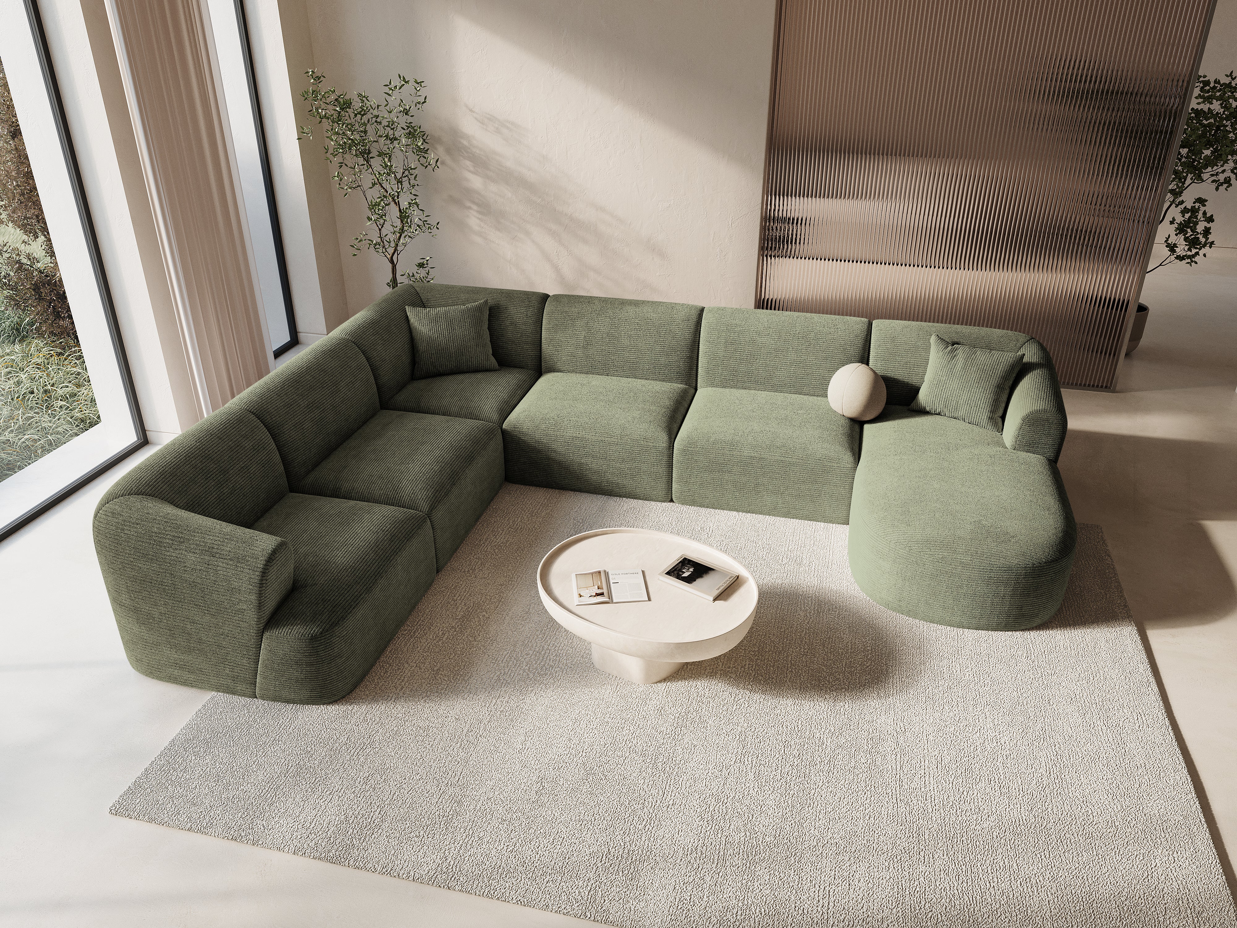 Left-sided panoramic corner sofa for 7 people CAMPI green corduroy