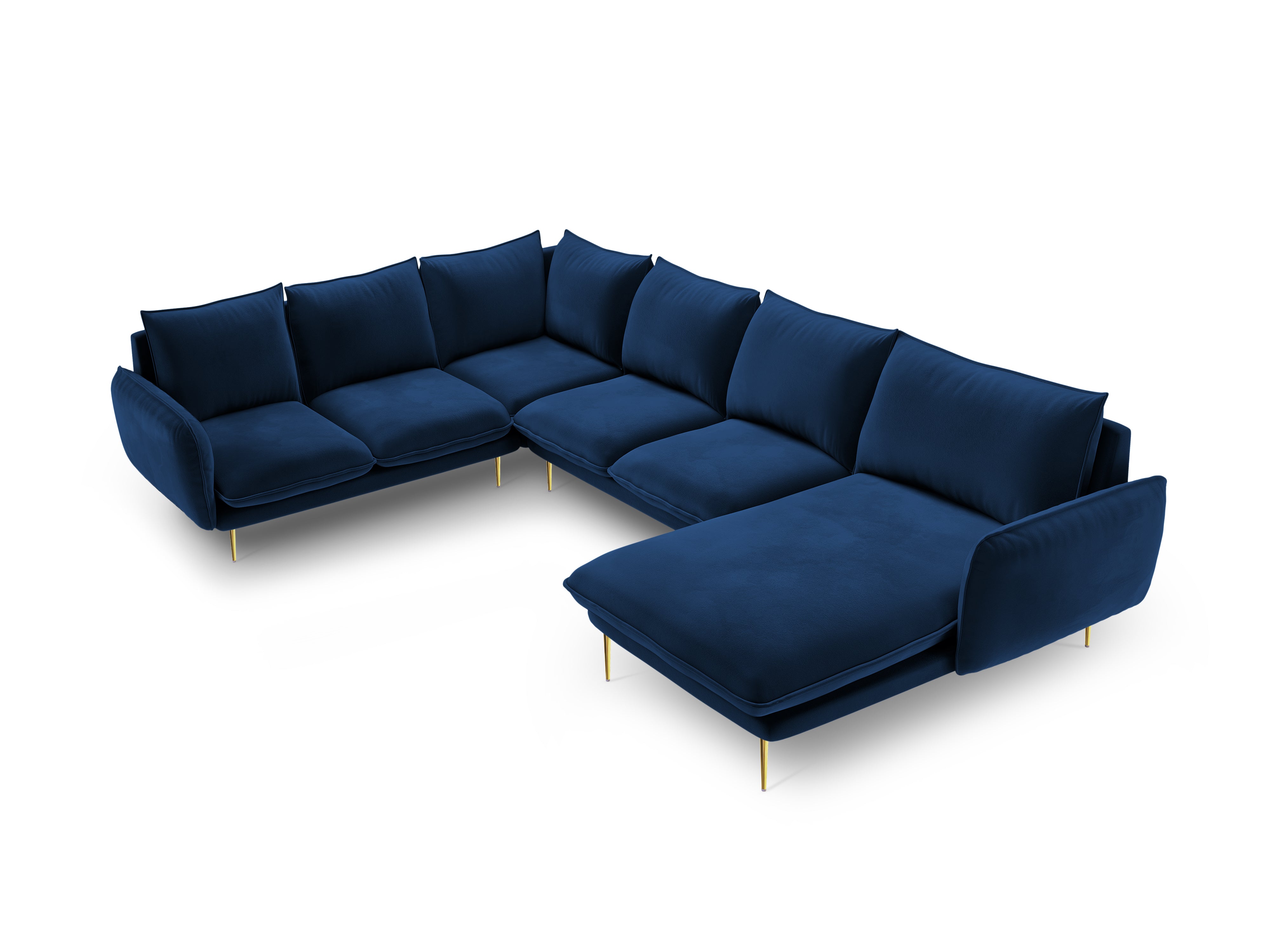 Left-facing velvet panoramic corner sofa for 7 people VIENNA in royal blue with a gold base