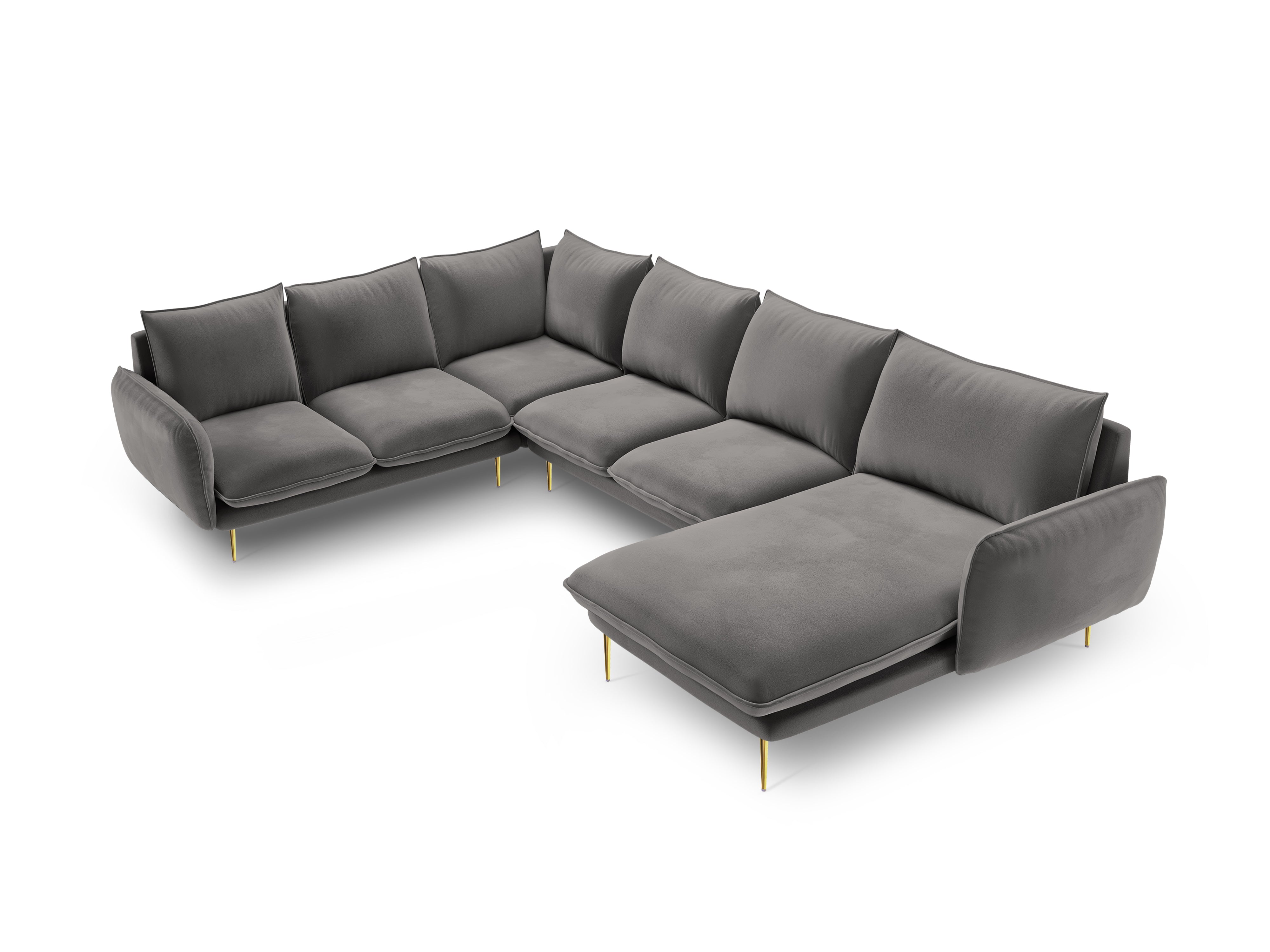 Panoramischer Samt-Ecksofa linksseitig für 7 Personen VIENNA hellgrau mit goldenem Fuß