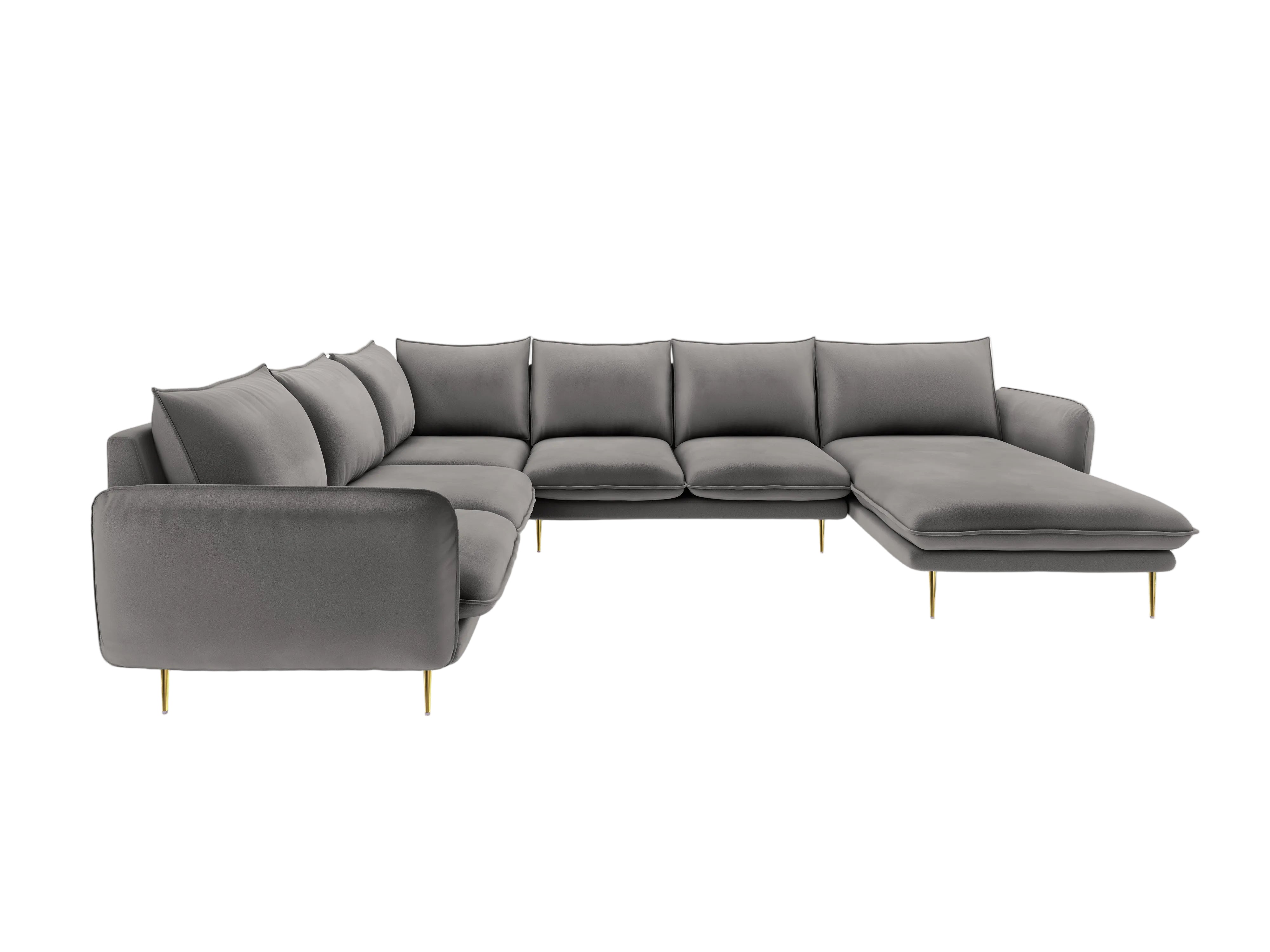 Panoramischer Samt-Ecksofa linksseitig für 7 Personen VIENNA hellgrau mit goldenem Fuß