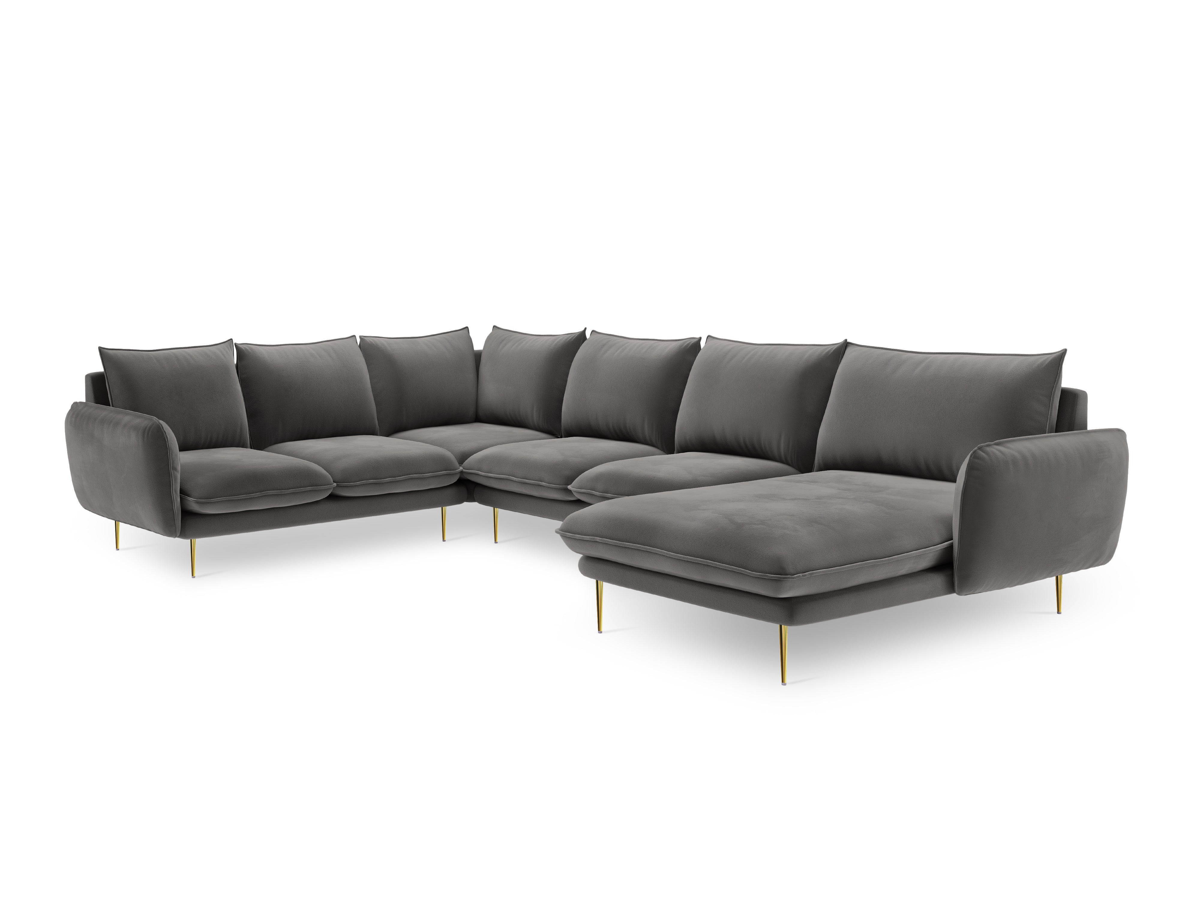 Panoramischer Samt-Ecksofa linksseitig für 7 Personen VIENNA hellgrau mit goldenem Fuß