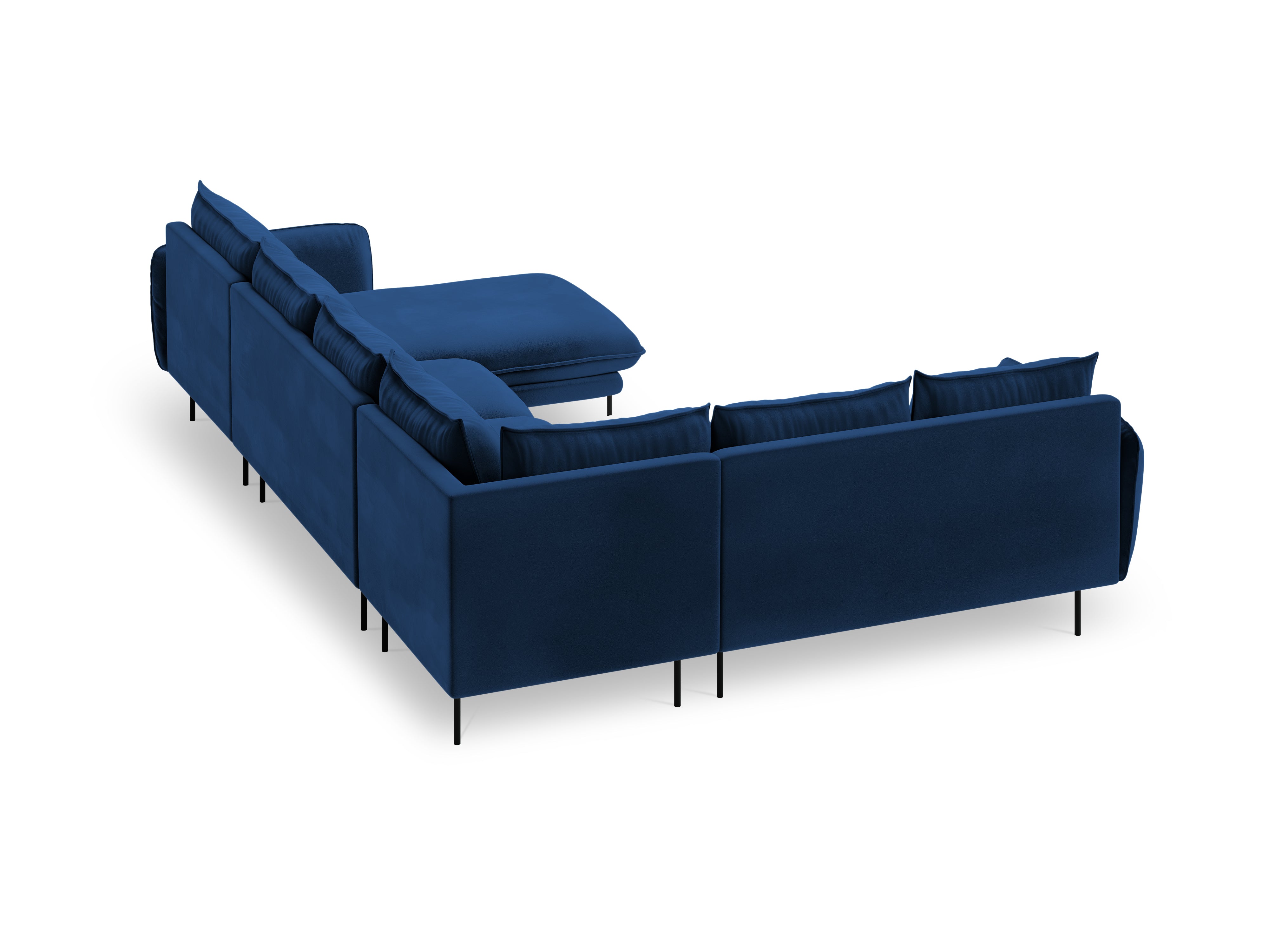 Left-facing velvet panoramic corner sofa for 7 people VIENNA in royal blue with a black base