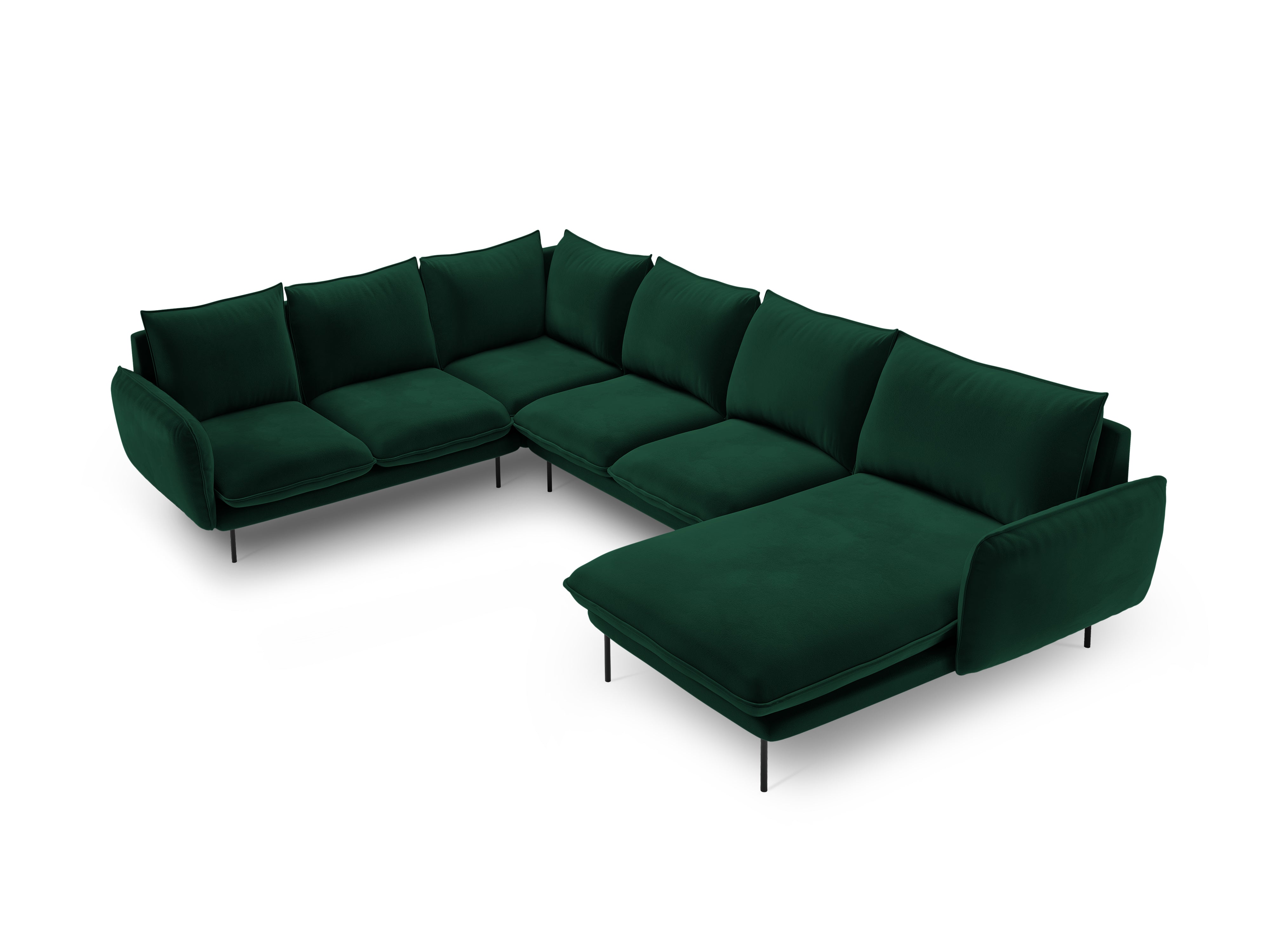 Panoramischer Samt-Ecksofa linksseitig für 7 Personen VIENNA in Flaschengrün mit schwarzem Gestell