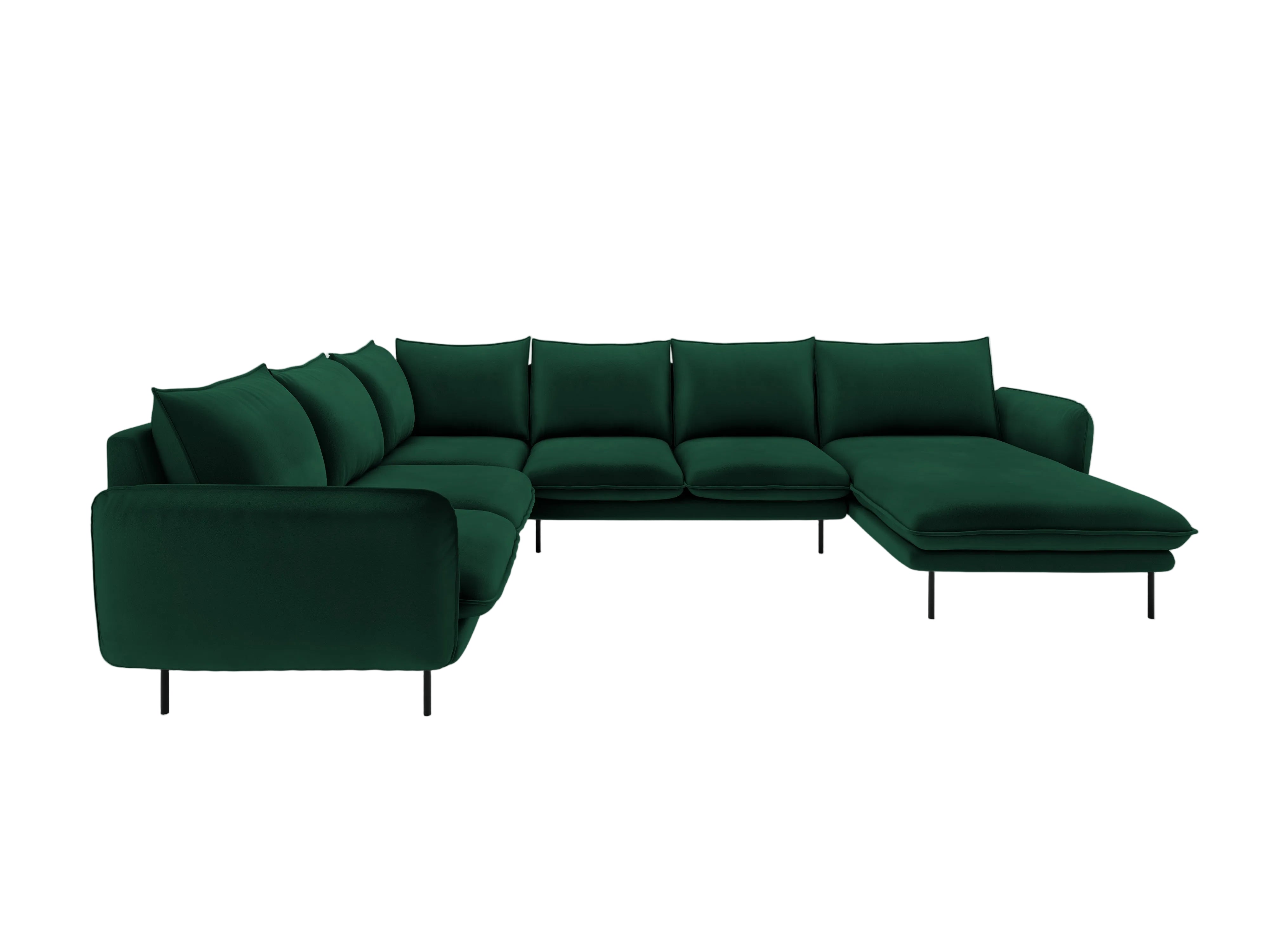 Panoramischer Samt-Ecksofa linksseitig für 7 Personen VIENNA in Flaschengrün mit schwarzem Gestell