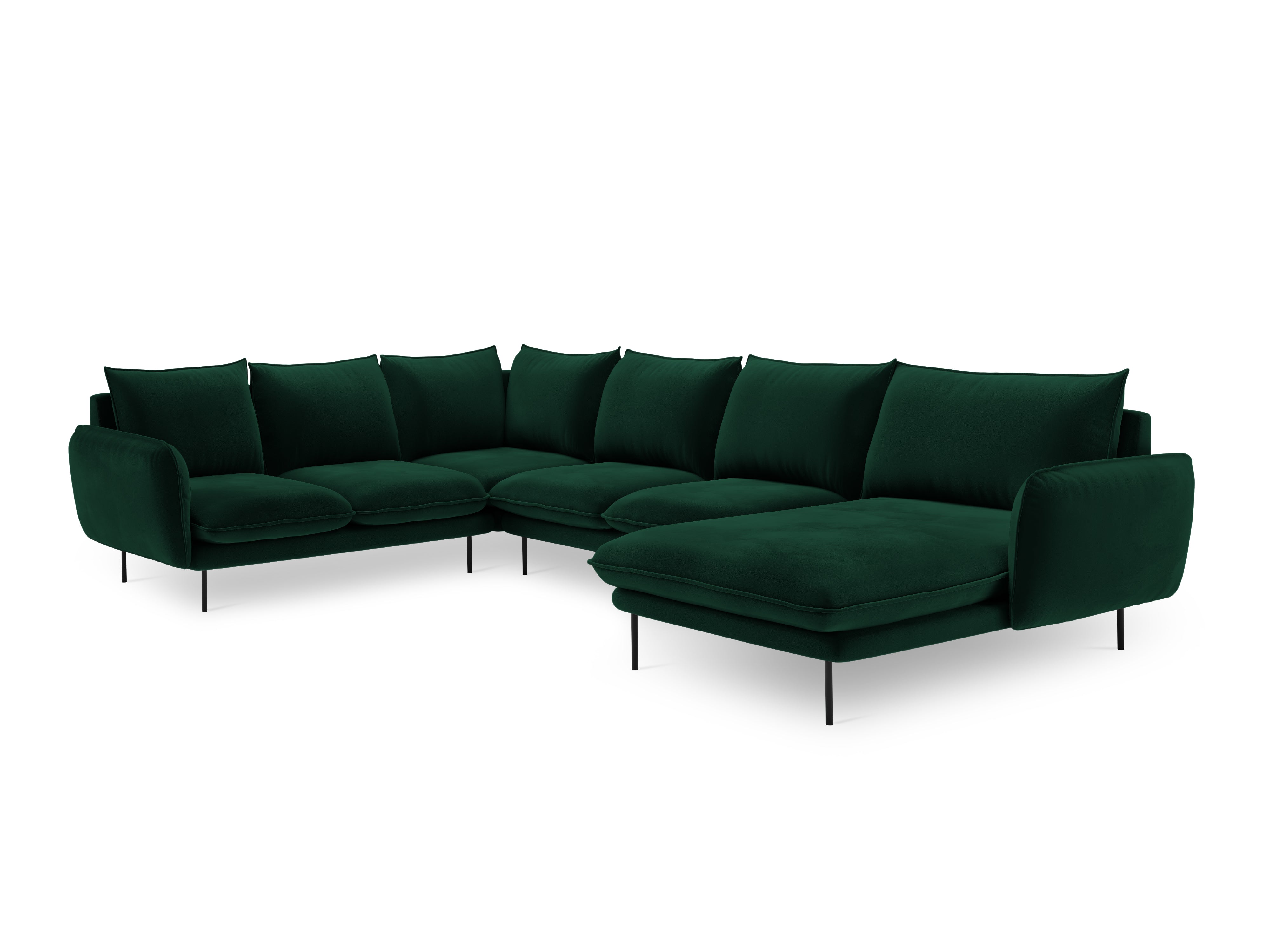 Panoramischer Samt-Ecksofa linksseitig für 7 Personen VIENNA in Flaschengrün mit schwarzem Gestell