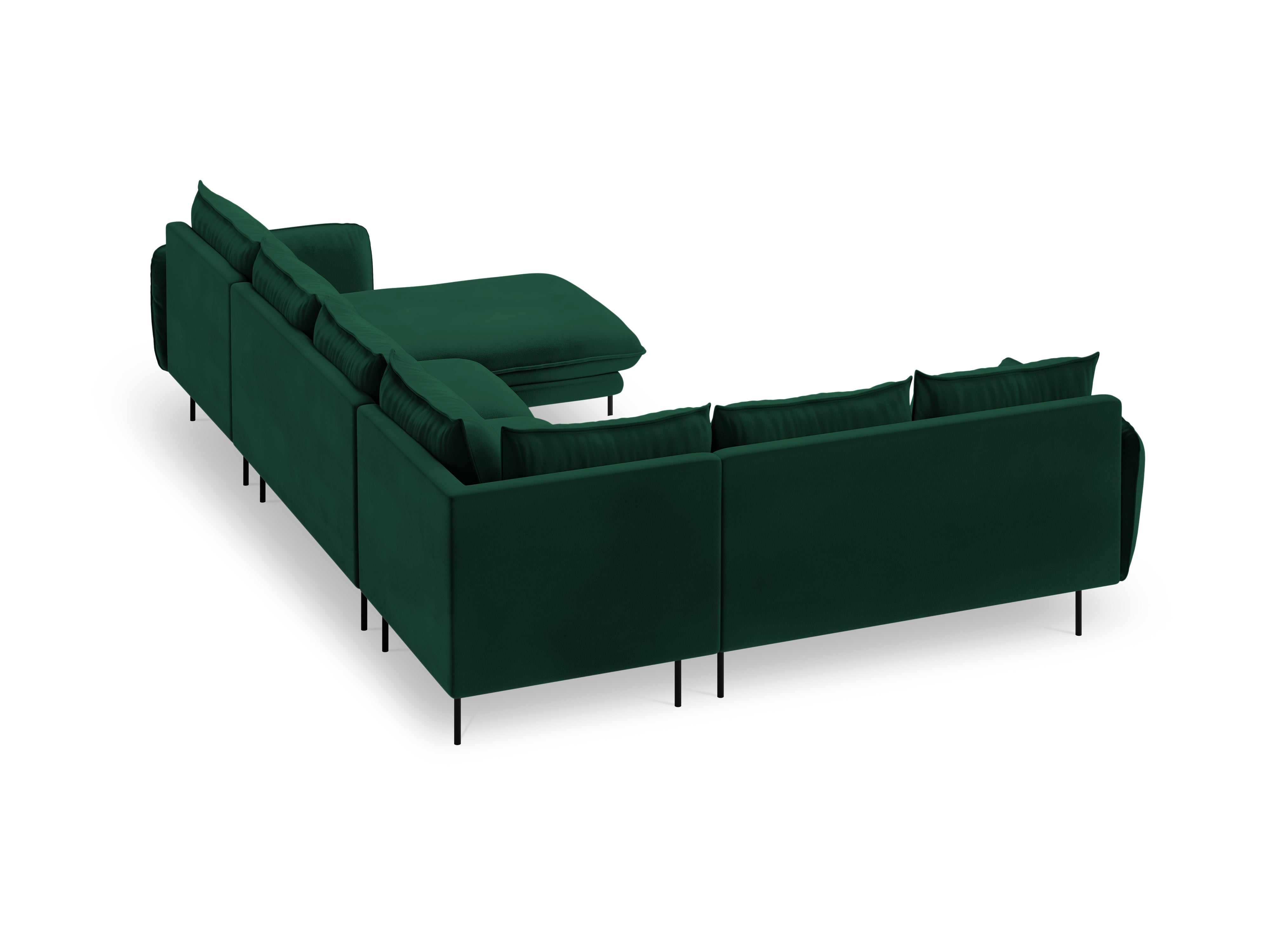 Panoramischer Samt-Ecksofa linksseitig für 7 Personen VIENNA in Flaschengrün mit schwarzem Gestell