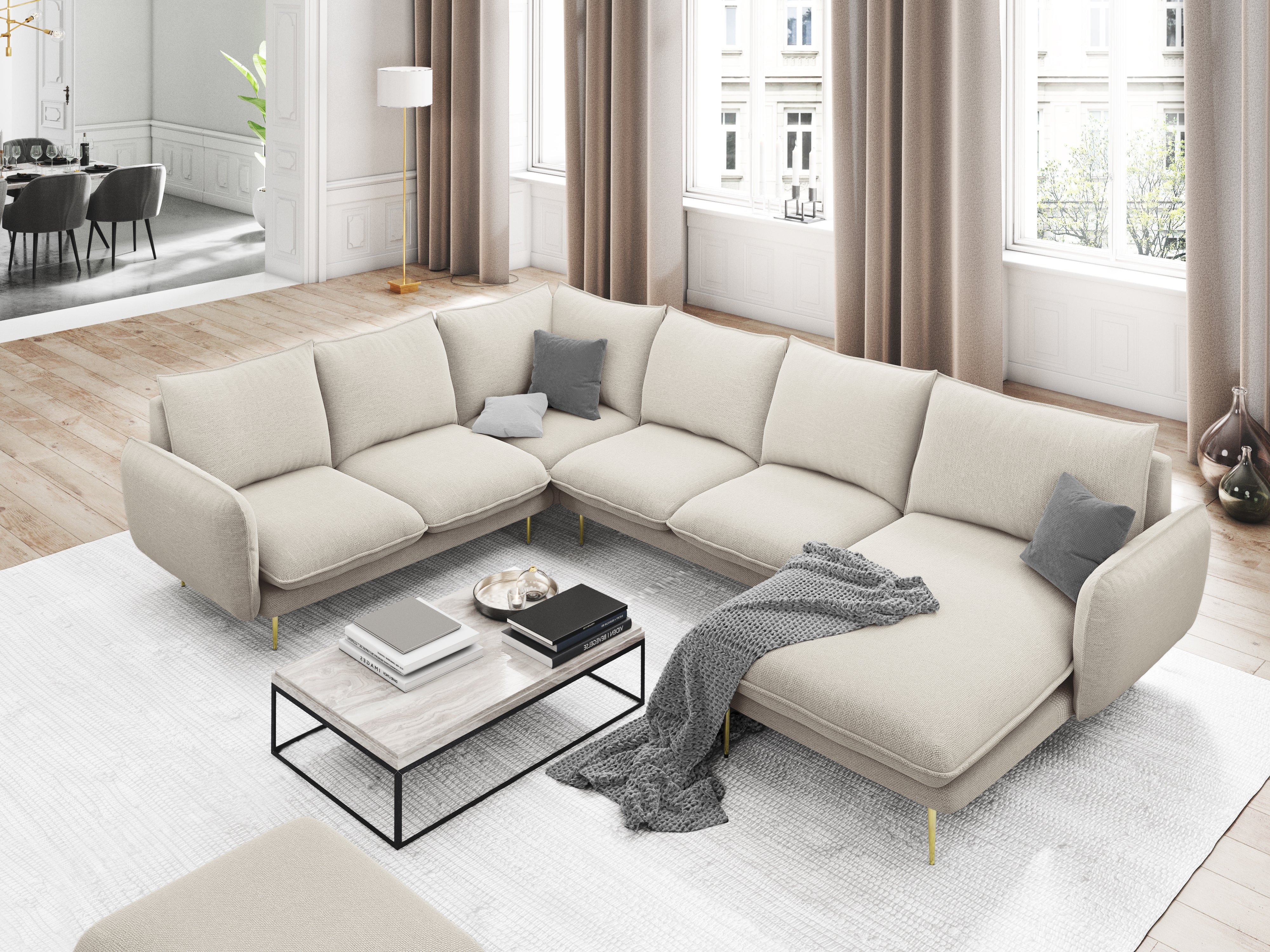 Panoramischer Samt-Ecksofa linksseitig für 7 Personen VIENNA beige mit goldenem Fuß
