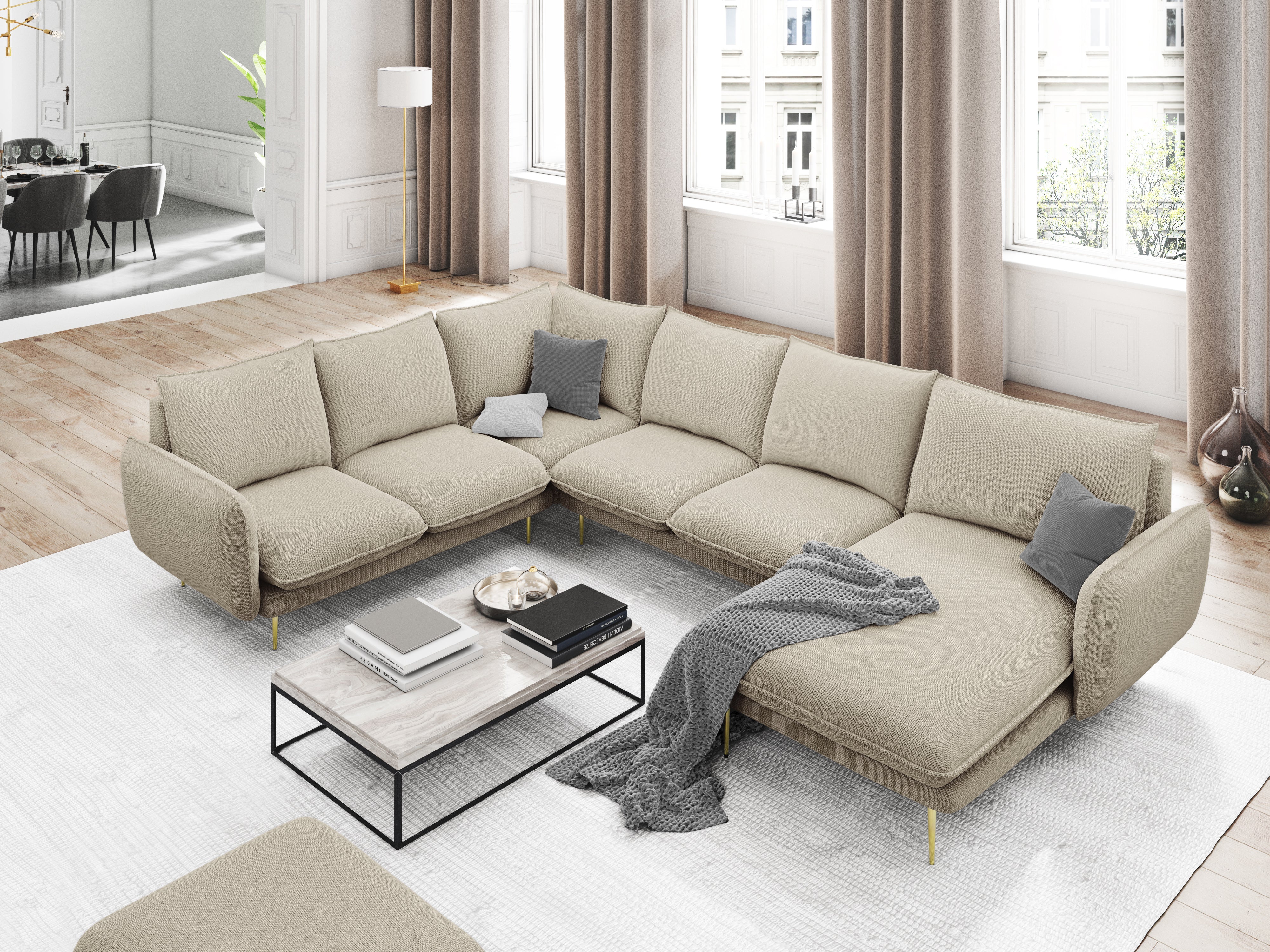 Panoramischer Samt-Ecksofa rechtsseitig für 7 Personen VIENNA dunkelblau mit schwarzem Fuß