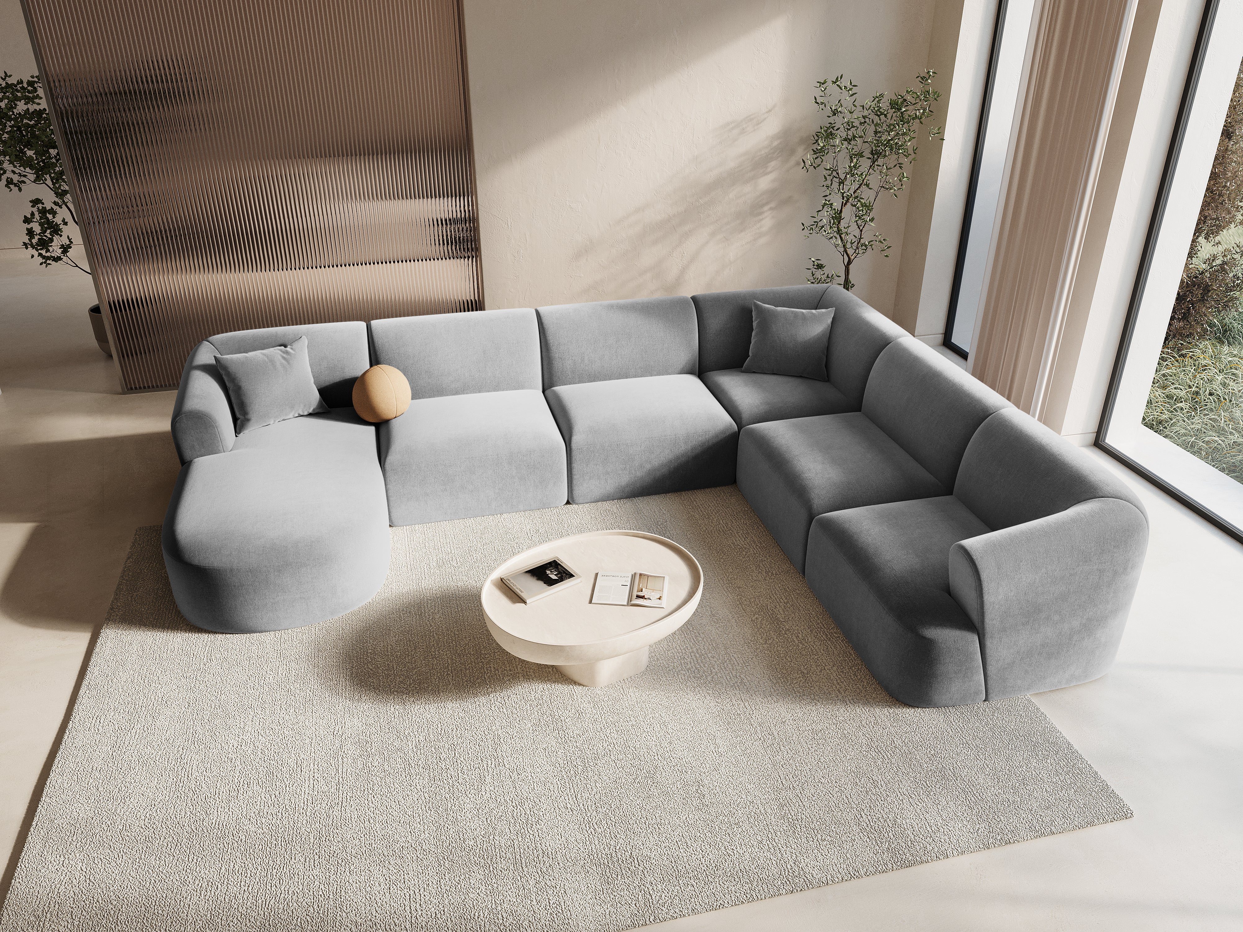 Right-facing velvet panoramic corner sofa for 7 people CAMPI gray