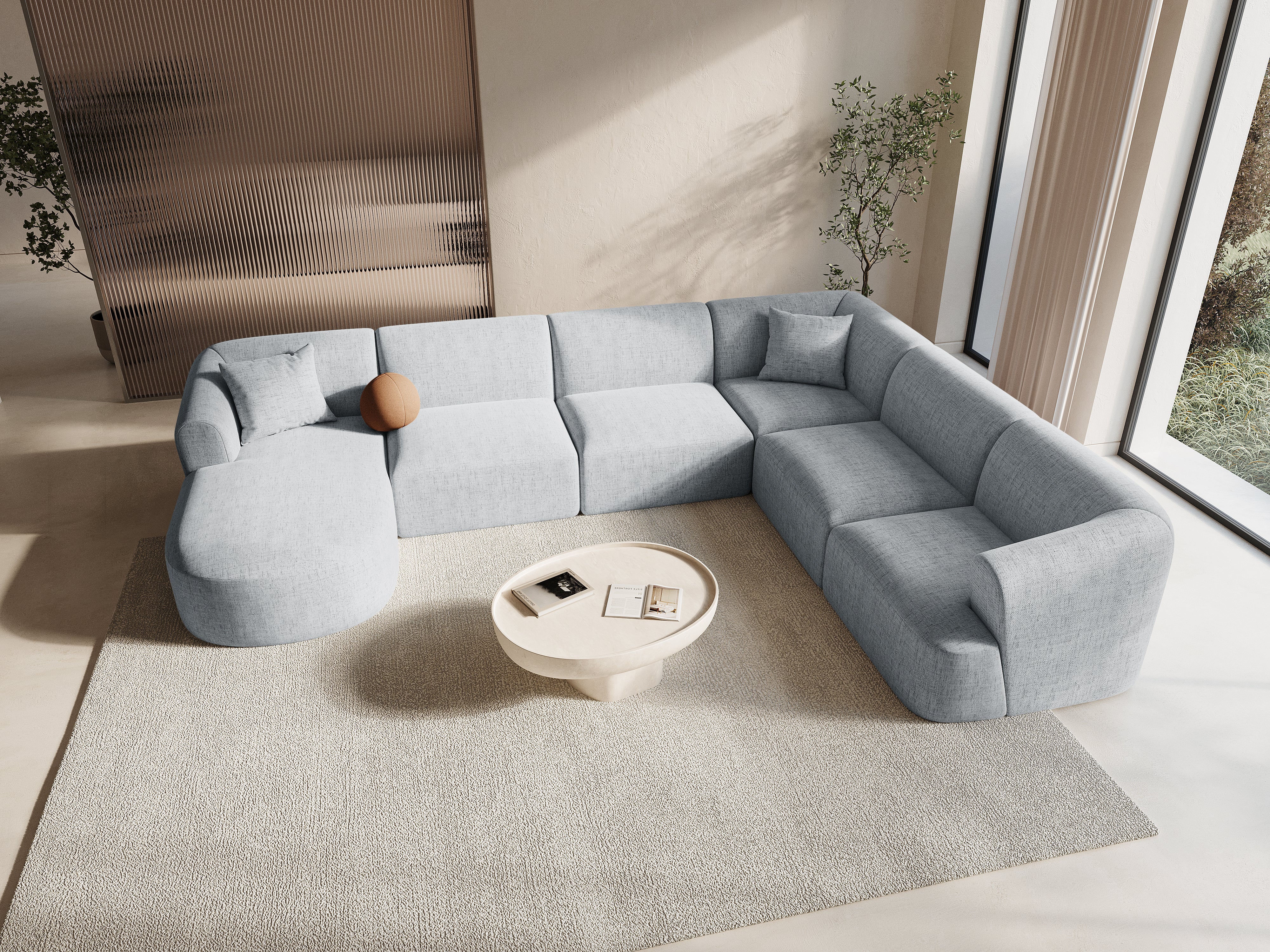 Rechtsseitige panoramische 7-sitzige Eckcouch CAMPI hellgraues Chenille