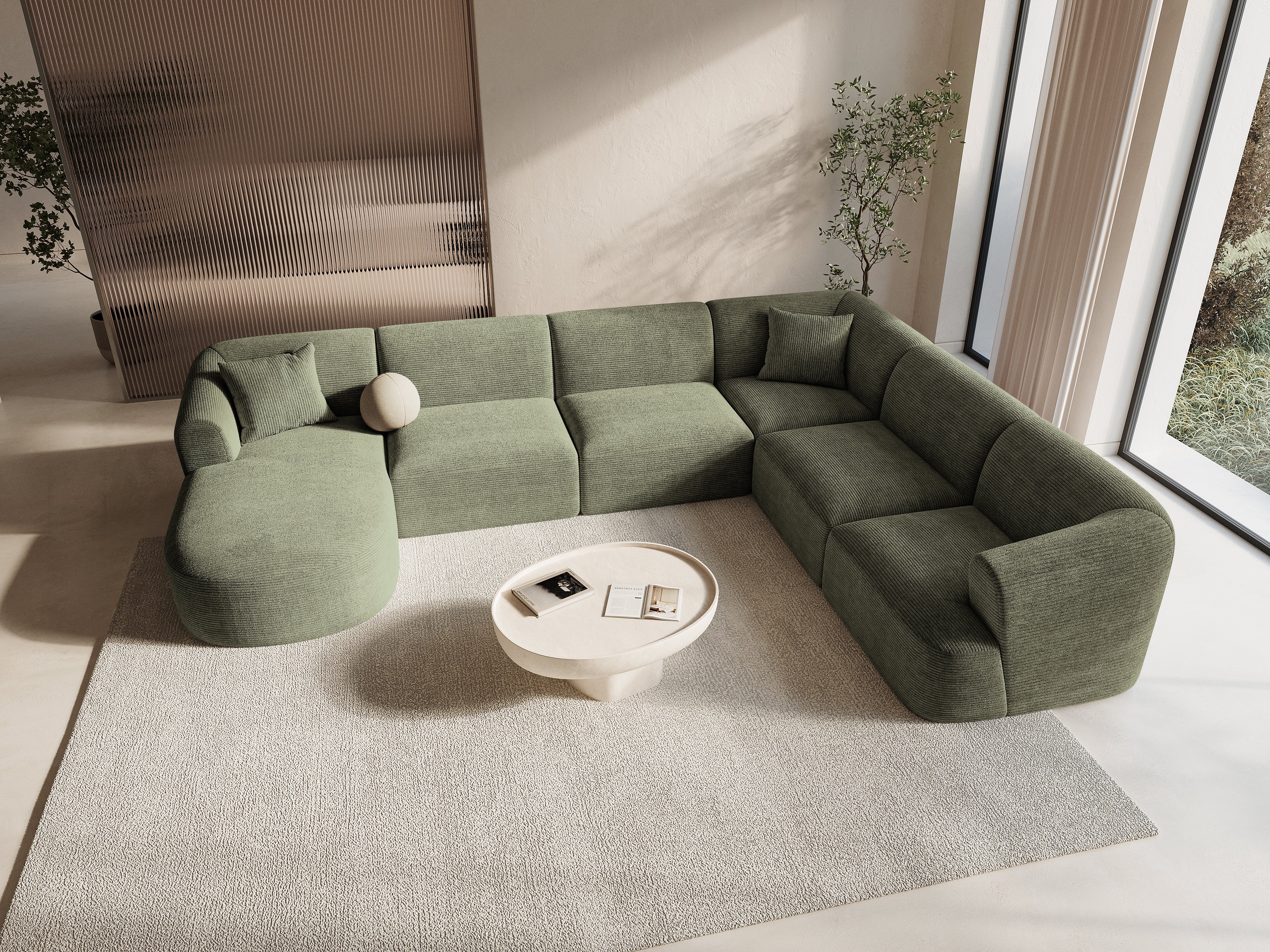 Right-sided panoramic corner sofa for 7 people CAMPI green corduroy