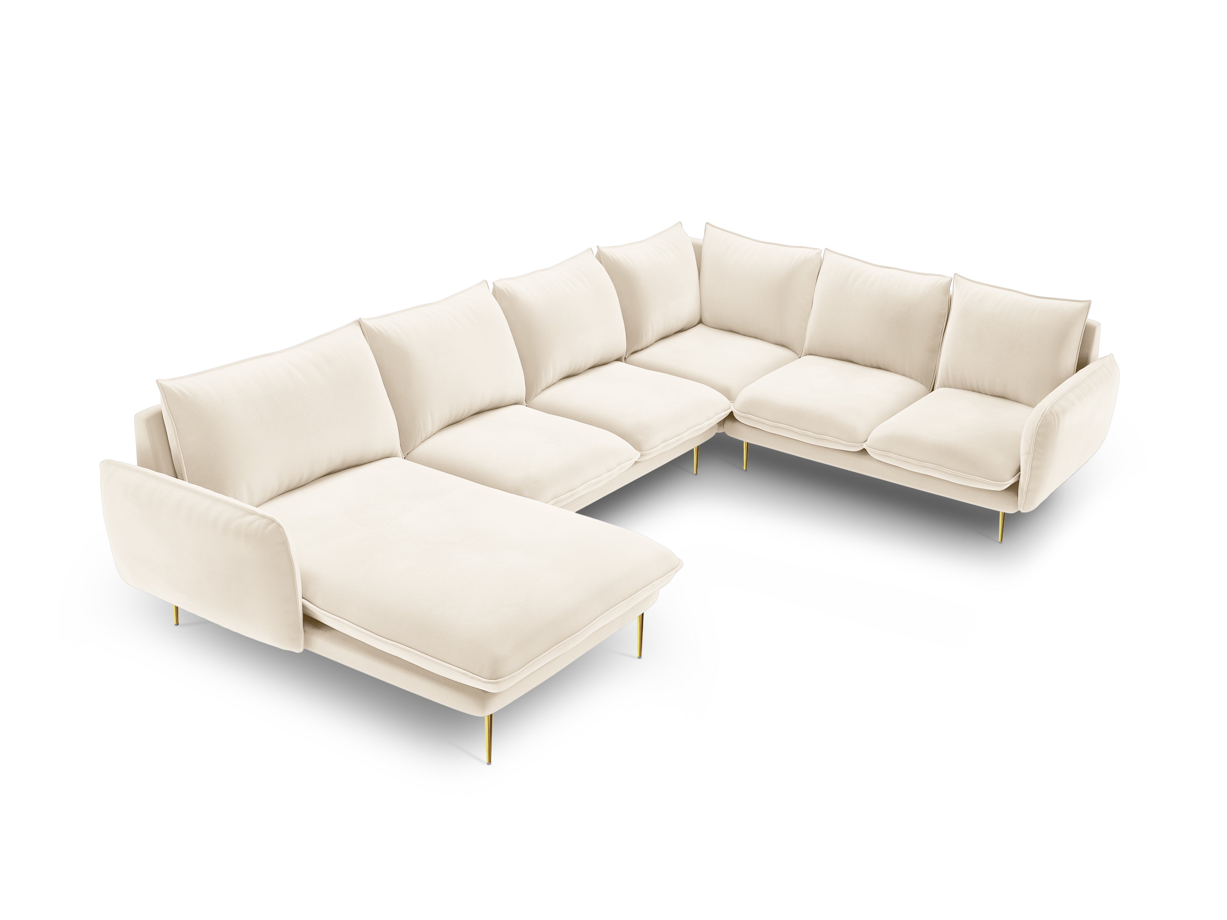 Panoramischer Samt-Ecksofa rechtsseitig für 7 Personen VIENNA beige mit goldenem Fuß