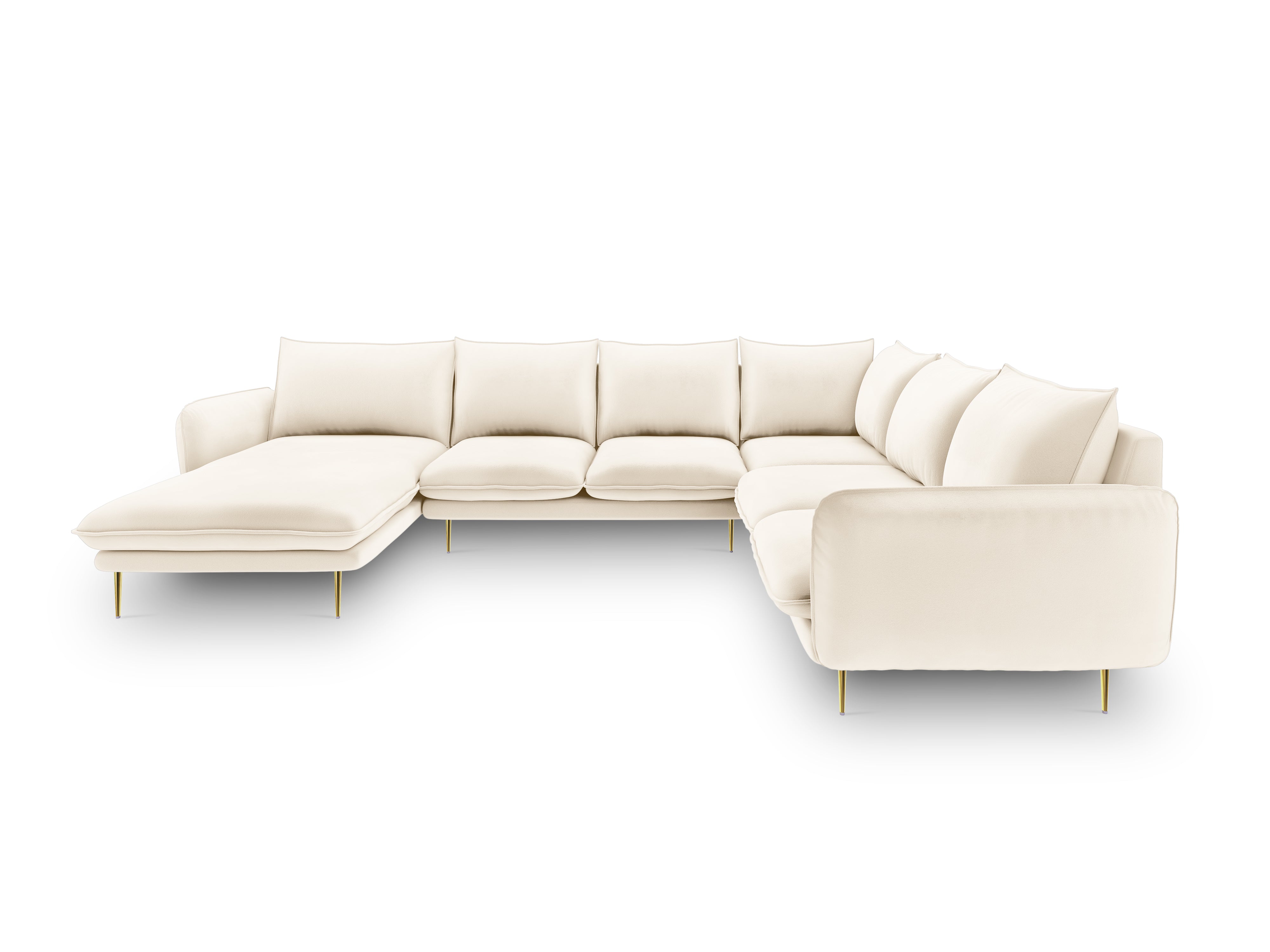 Panoramischer Samt-Ecksofa rechtsseitig für 7 Personen VIENNA beige mit goldenem Fuß