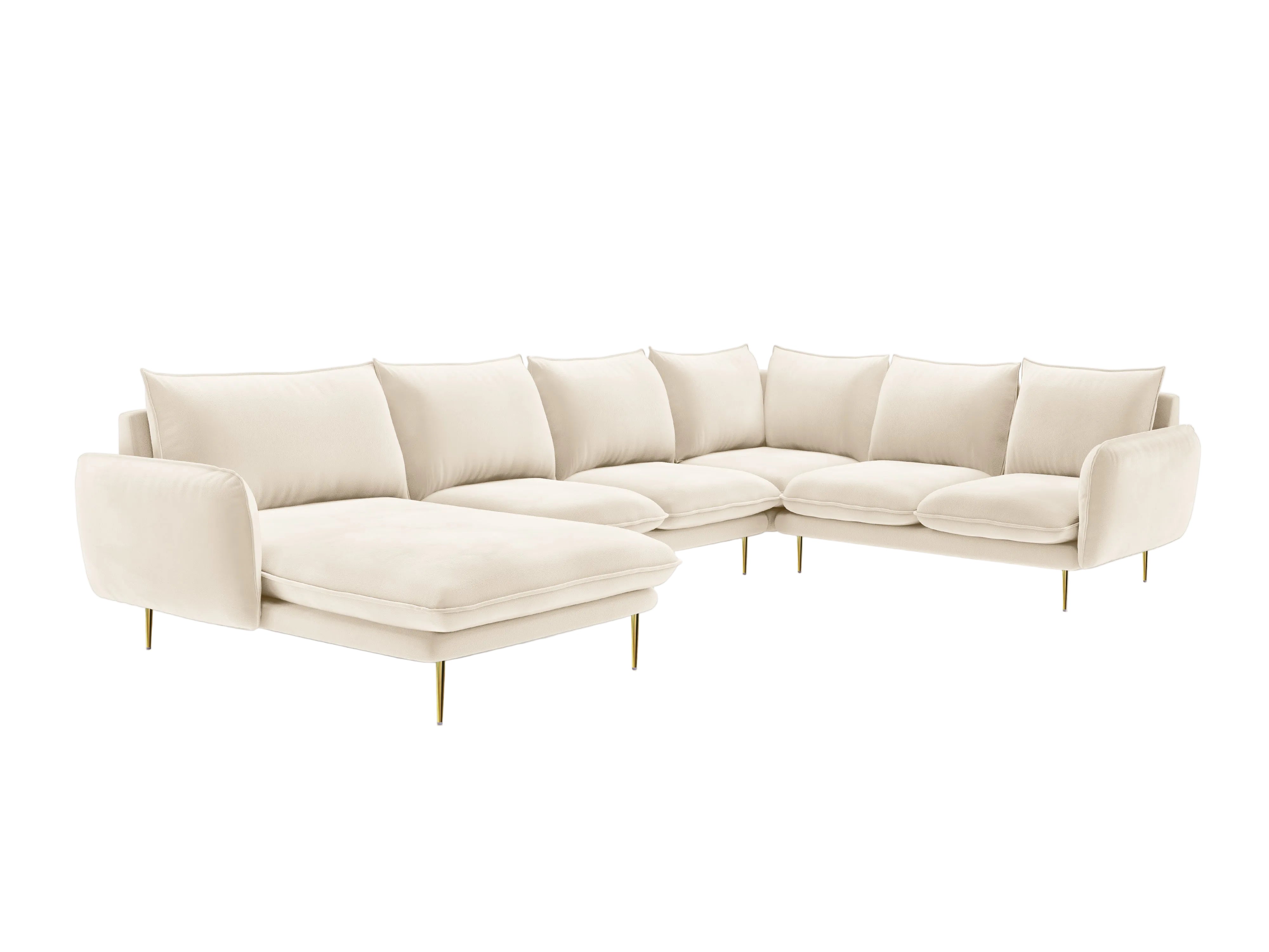 Panoramischer Samt-Ecksofa rechtsseitig für 7 Personen VIENNA beige mit goldenem Fuß
