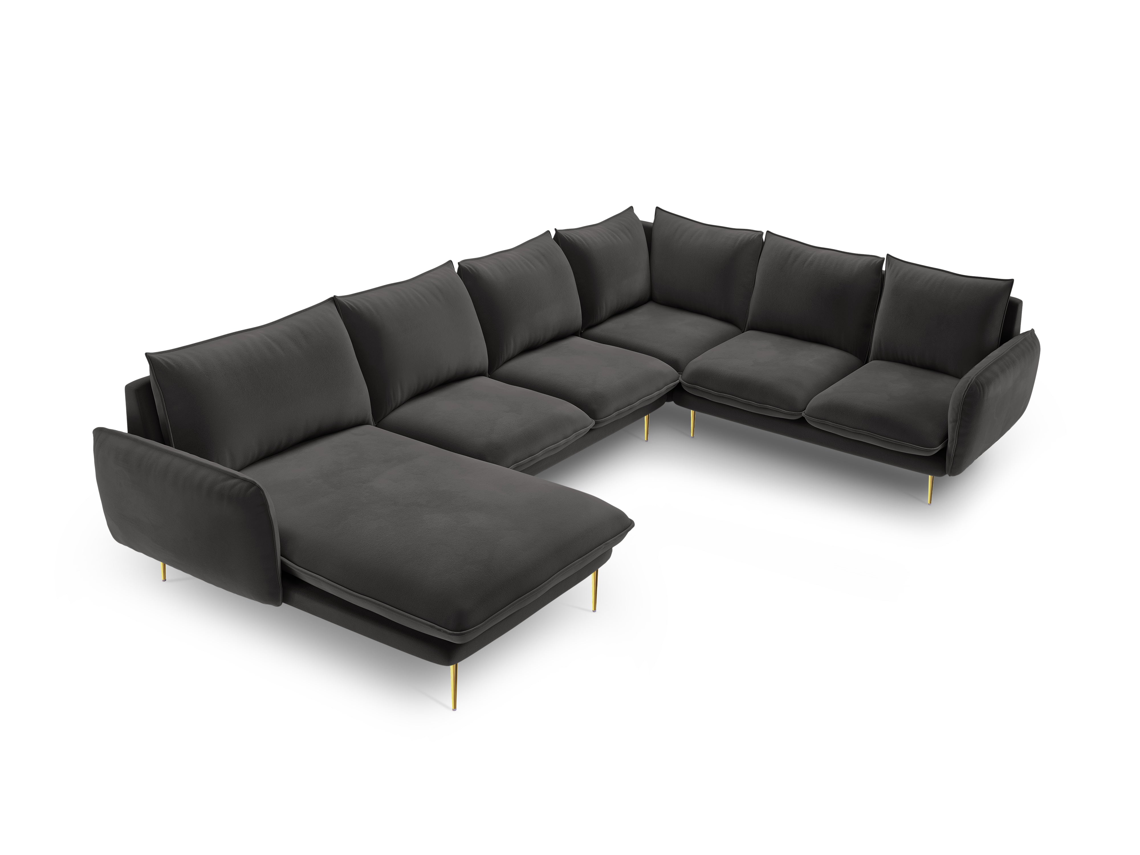 Panoramischer Samt-Ecksofa rechtsseitig für 7 Personen VIENNA dunkelgrau mit goldenem Fuß