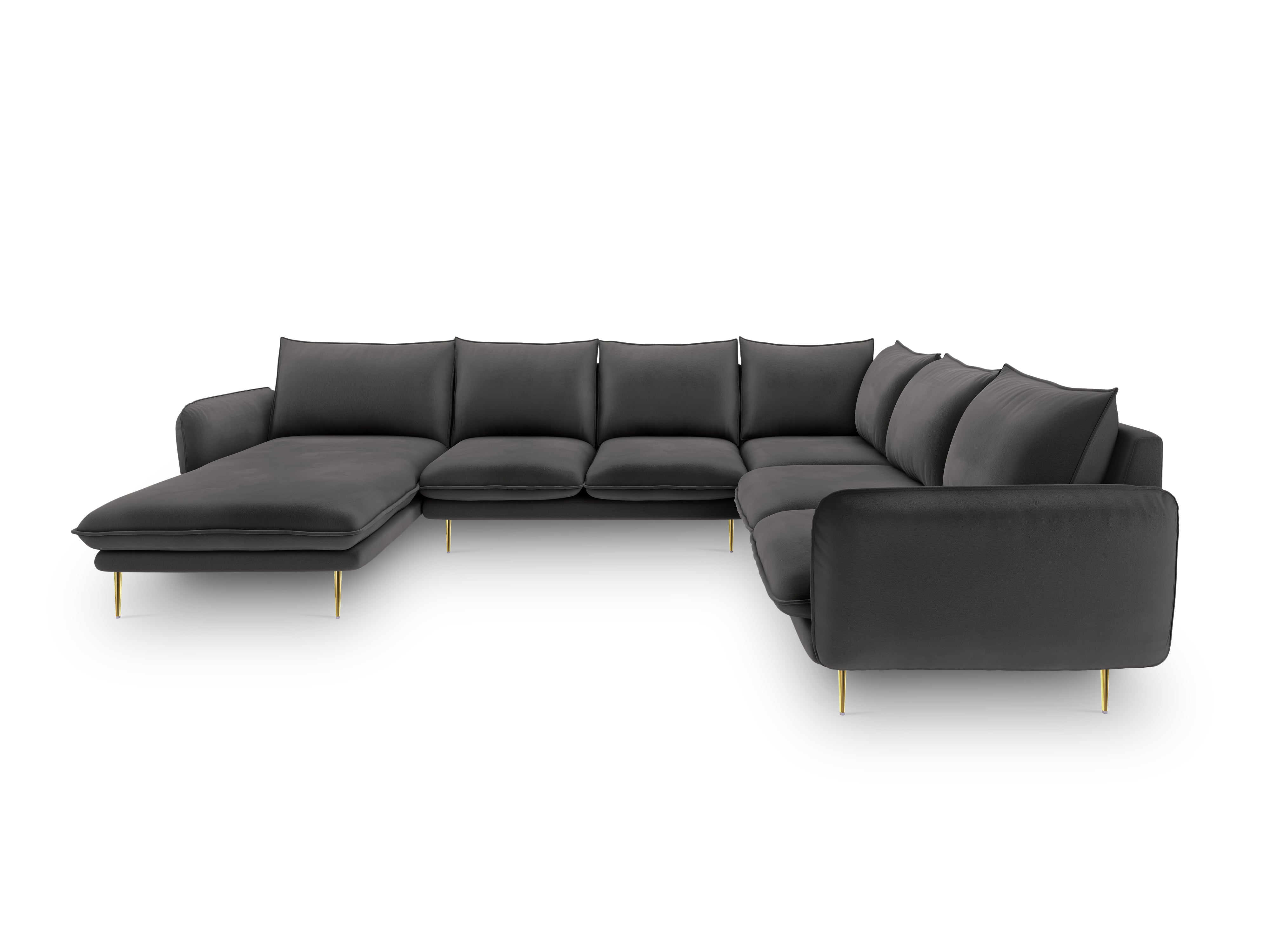Panoramischer Samt-Ecksofa rechtsseitig für 7 Personen VIENNA dunkelgrau mit goldenem Fuß