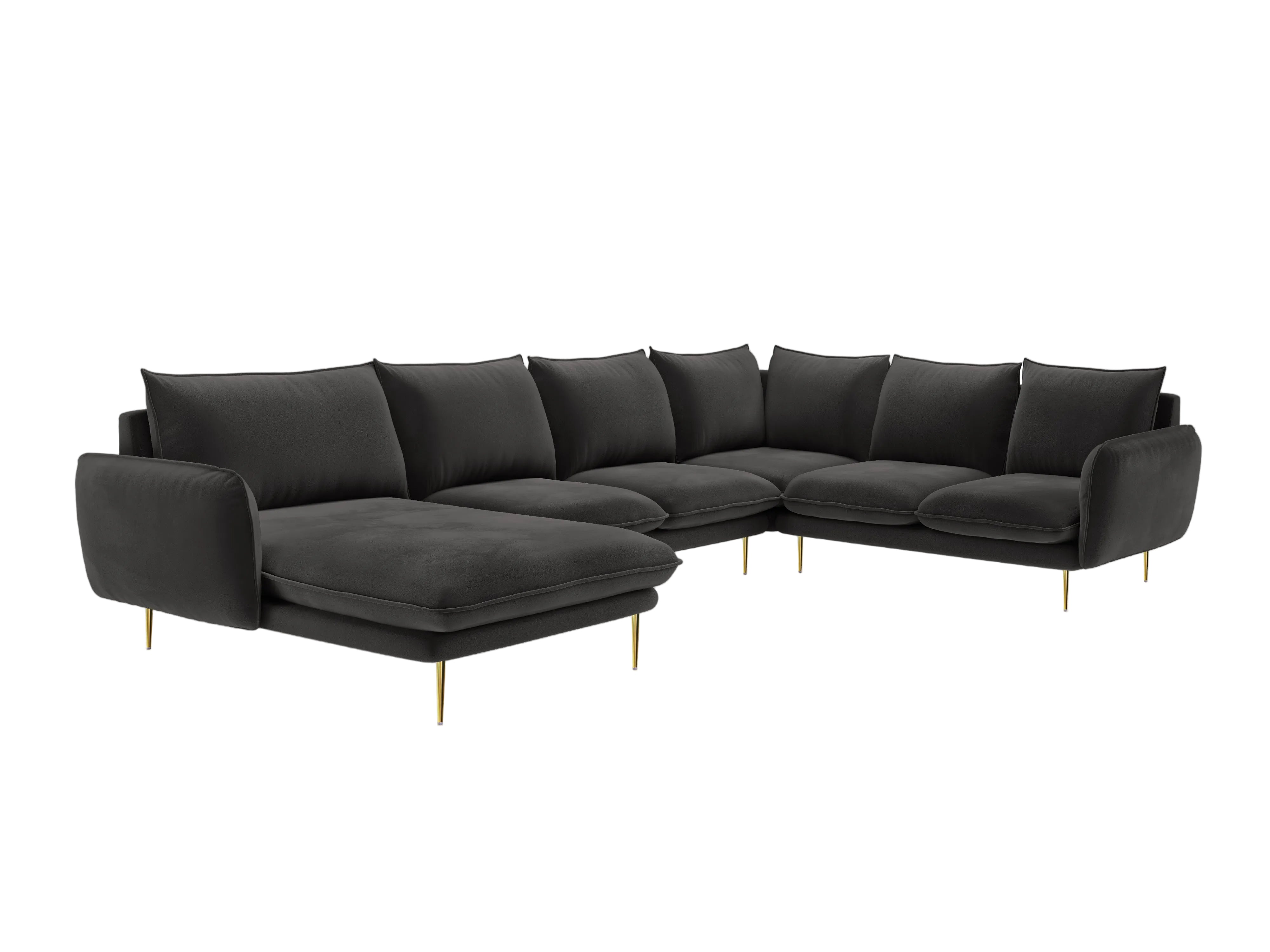 Panoramischer Samt-Ecksofa rechtsseitig für 7 Personen VIENNA dunkelgrau mit goldenem Fuß