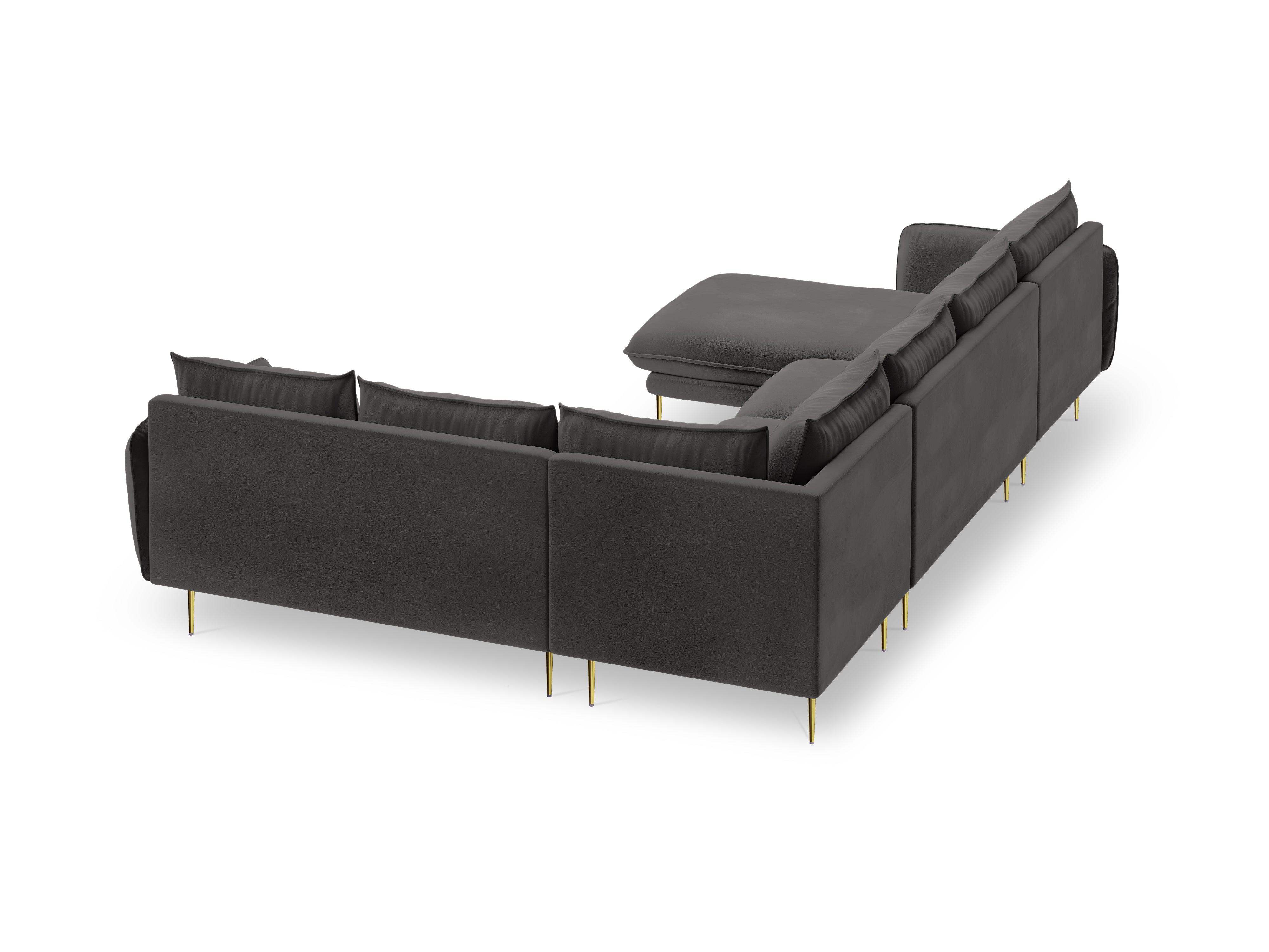 Panoramischer Samt-Ecksofa rechtsseitig für 7 Personen VIENNA dunkelgrau mit goldenem Fuß