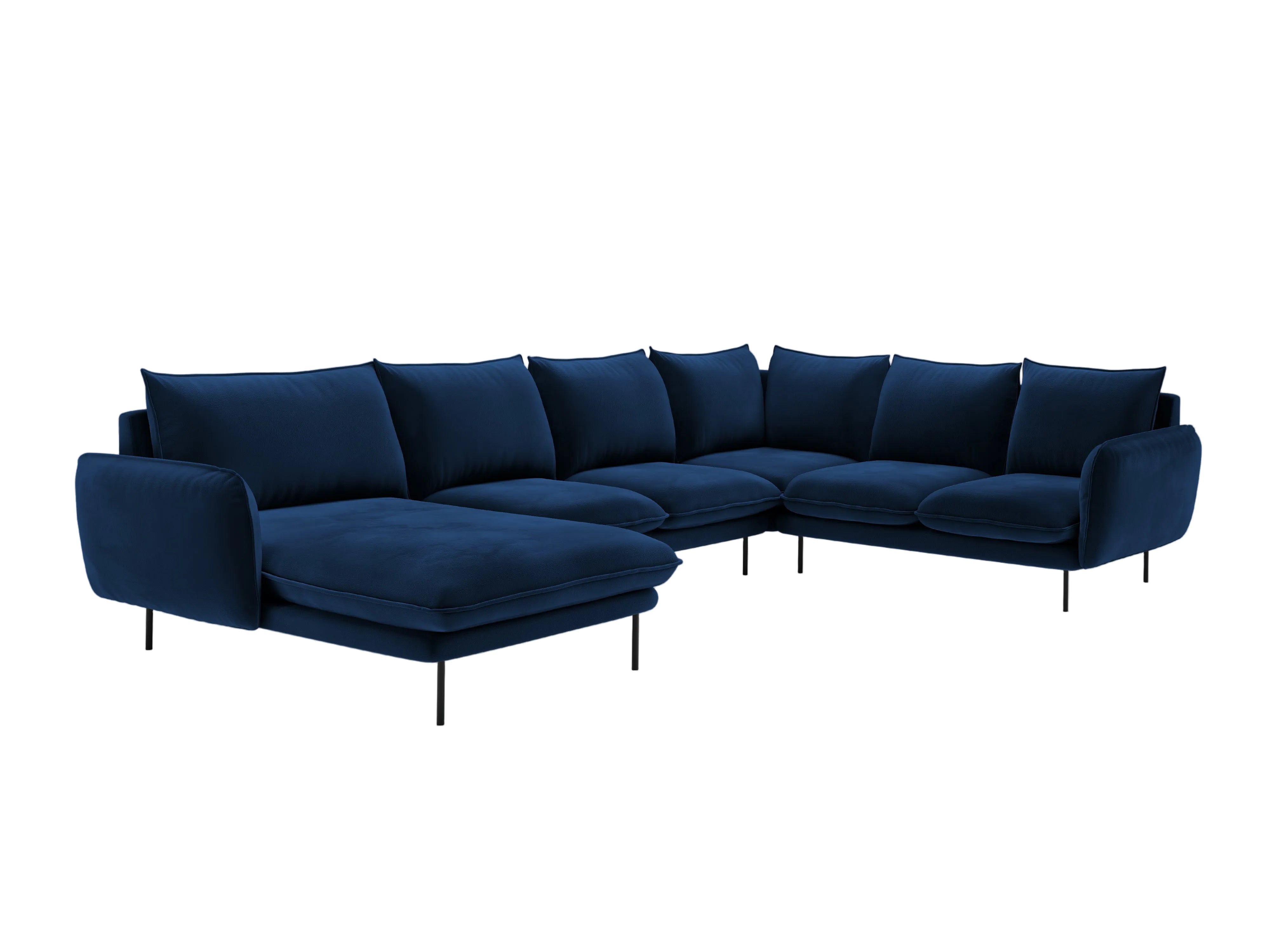 Panoramischer Samt-Ecksofa rechtsseitig für 7 Personen VIENNA in königsblau mit schwarzem Fuß