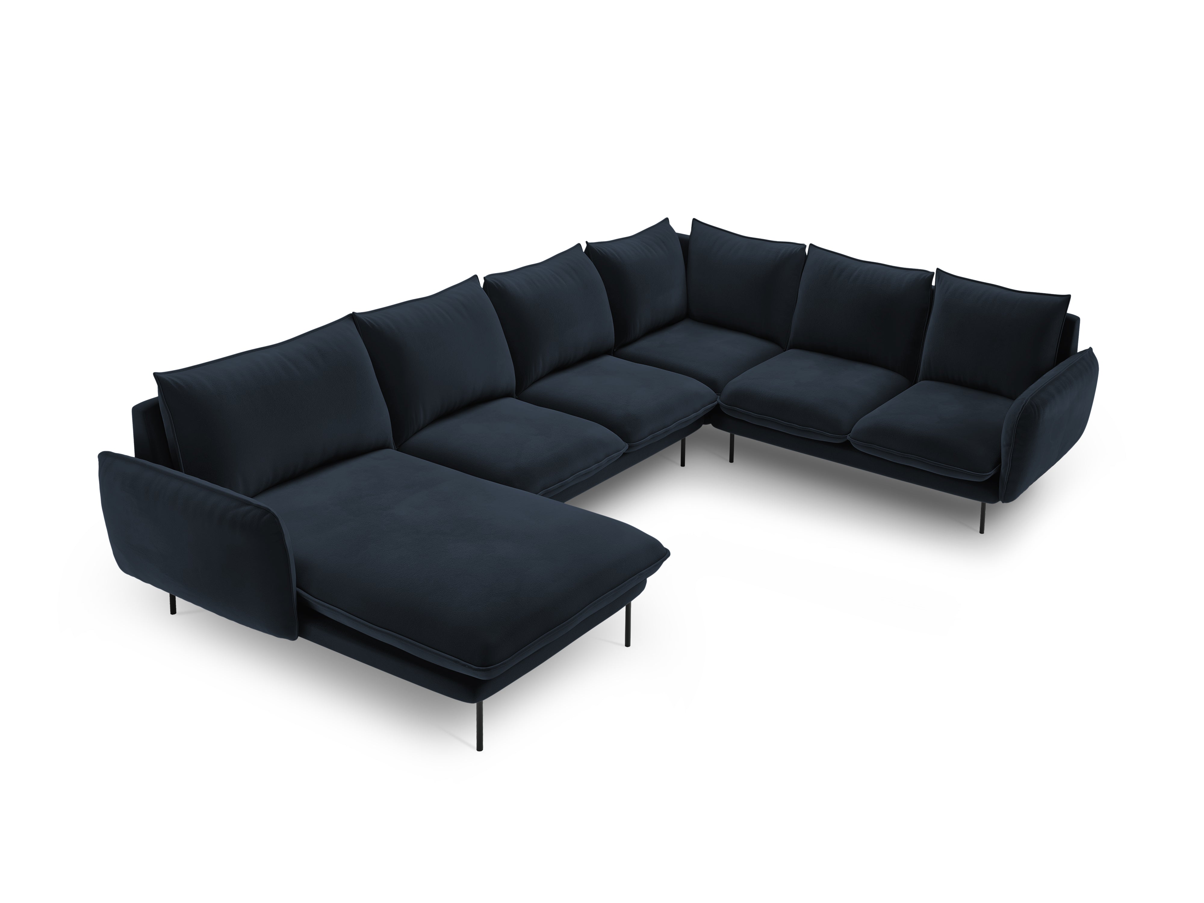 Panoramischer Samt-Ecksofa rechtsseitig für 7 Personen VIENNA dunkelblau mit schwarzem Fuß
