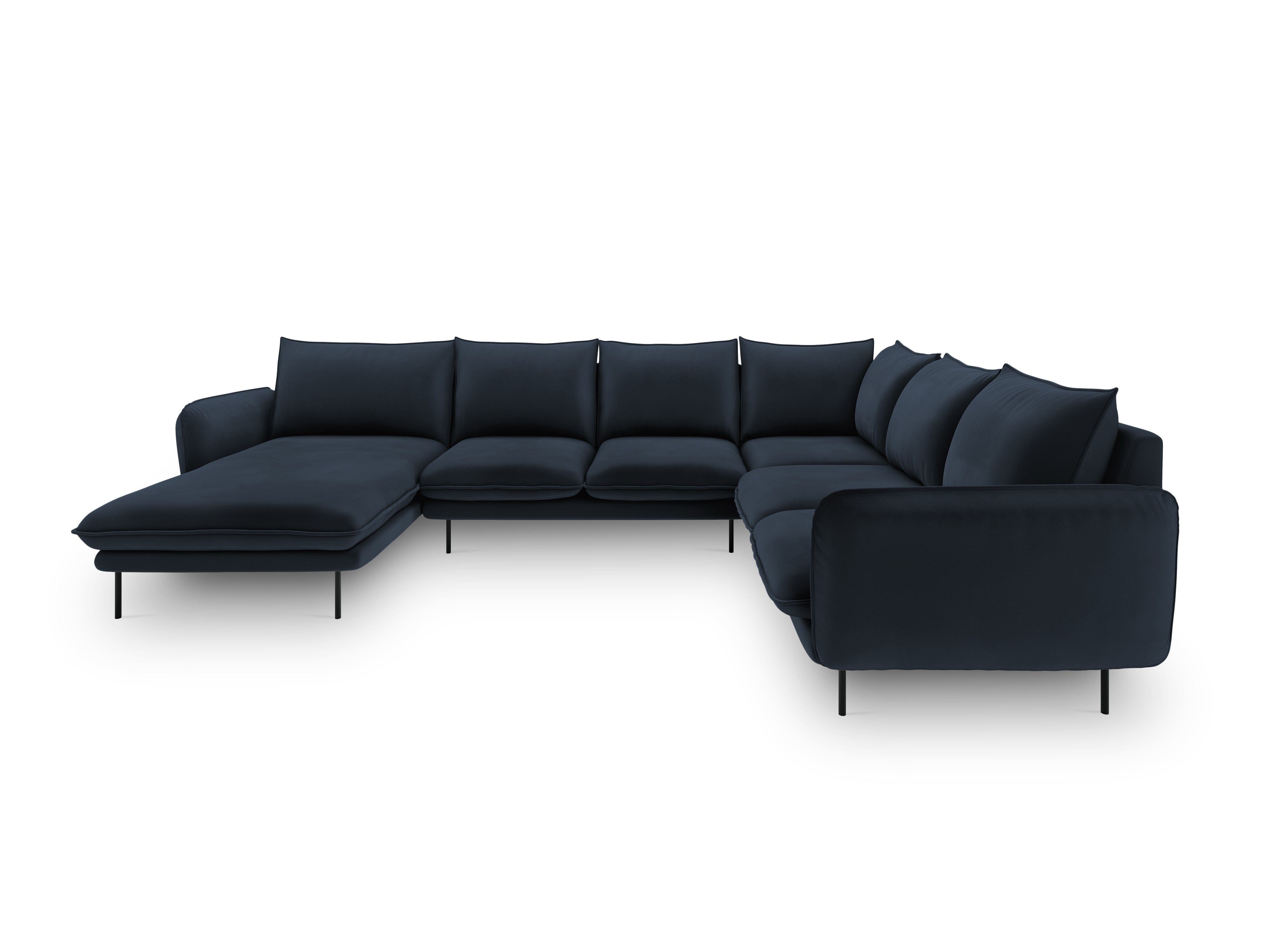 Panoramischer Samt-Ecksofa rechtsseitig für 7 Personen VIENNA dunkelblau mit schwarzem Fuß