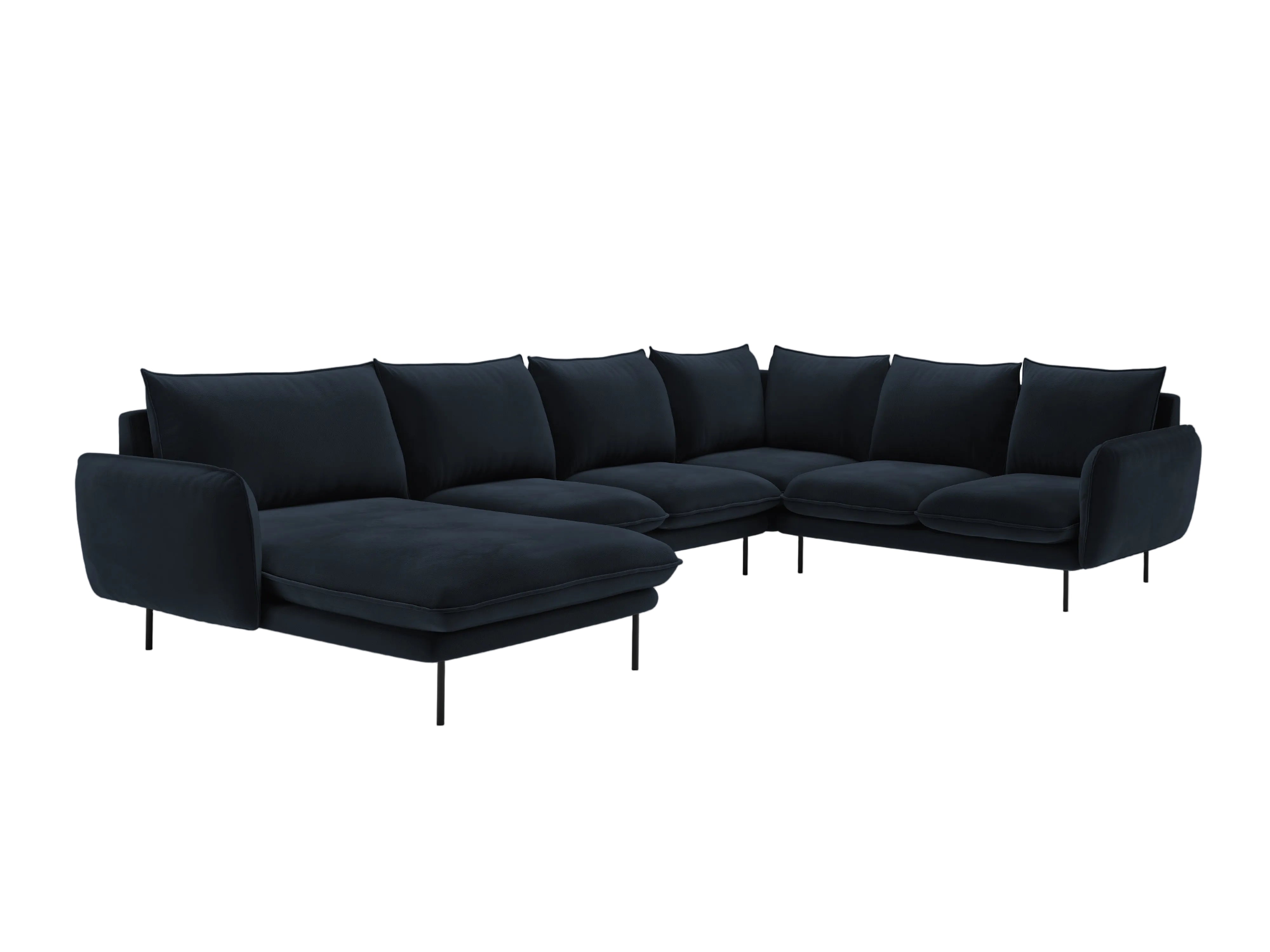 Panoramischer Samt-Ecksofa rechtsseitig für 7 Personen VIENNA dunkelblau mit schwarzem Fuß