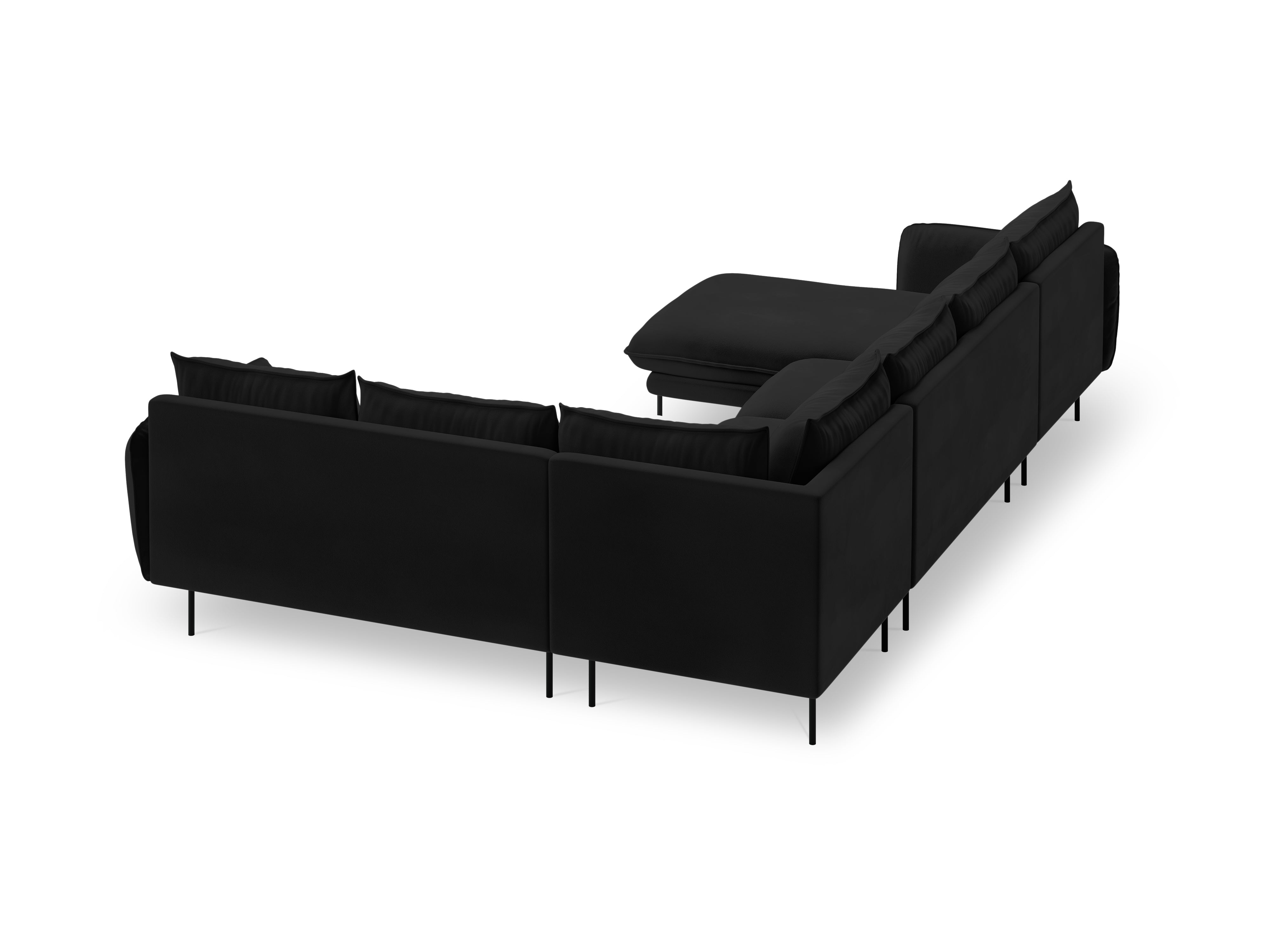 Velvet panoramic corner sofa, right-facing, 7-seater, VIENNA, black with black base
