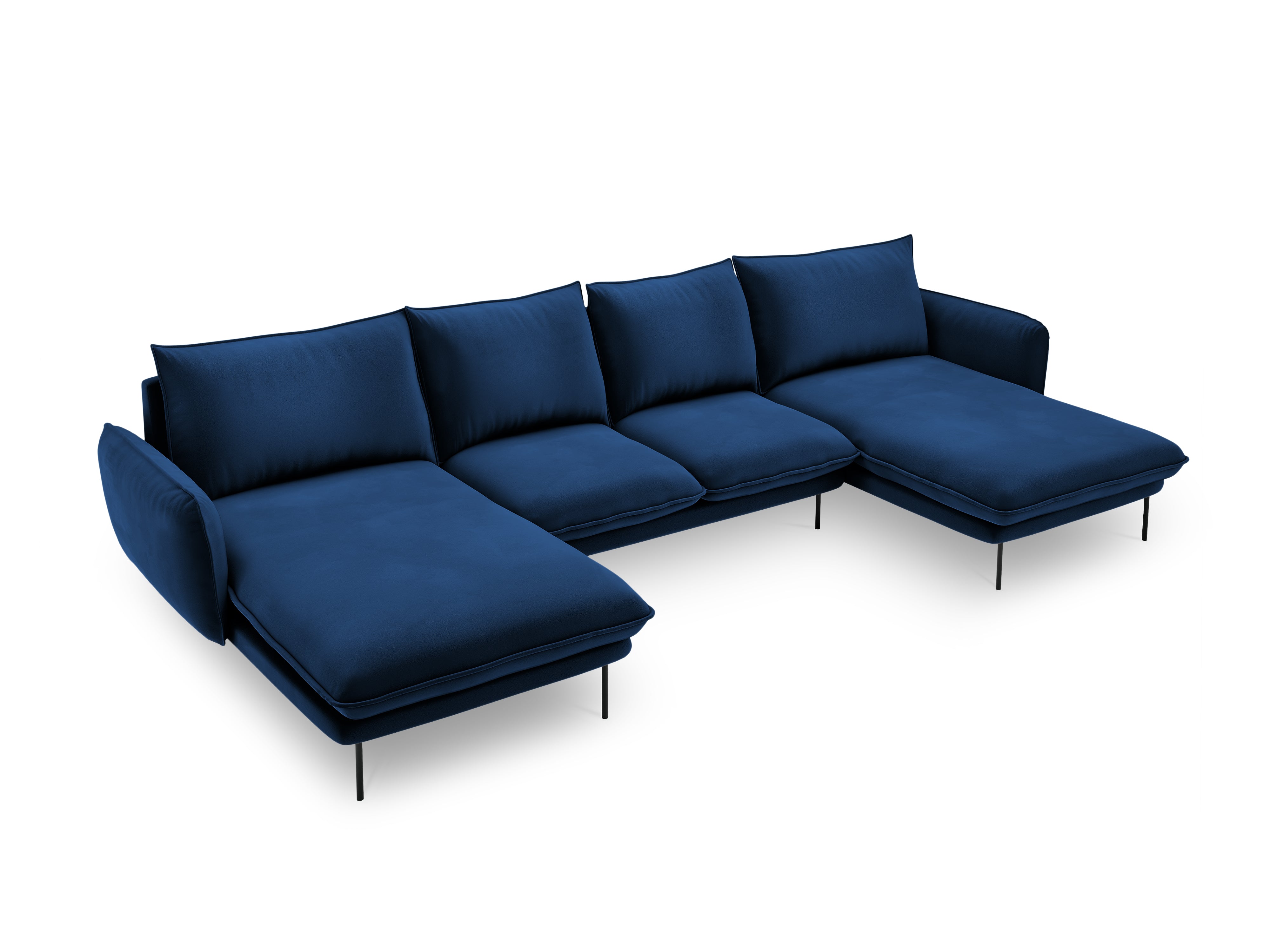 Sofa panoramisch samtig für 6 Personen VIENNA königsblau mit schwarzem Gestell