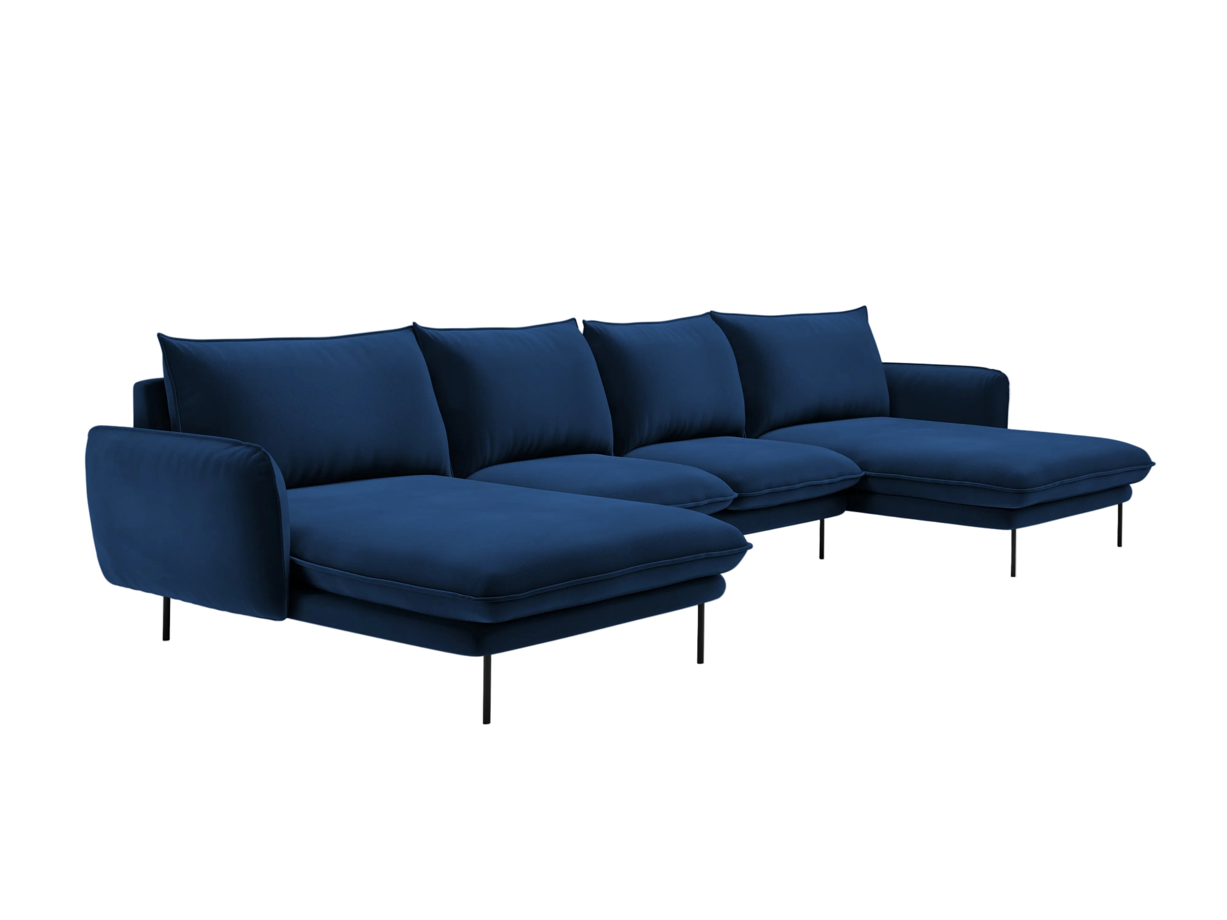 Sofa panoramisch samtig für 6 Personen VIENNA königsblau mit schwarzem Gestell