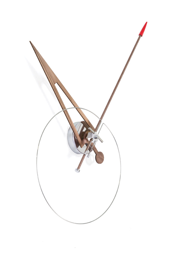Wall clock CRIS walnut wood with chrome and red finish