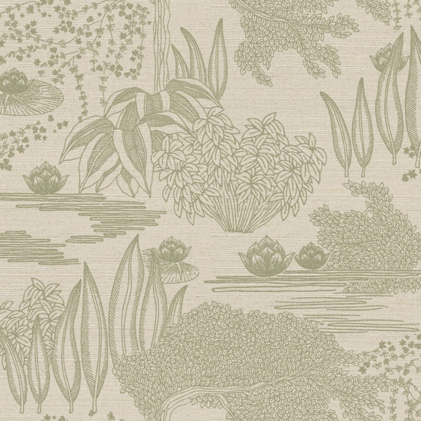 Tapete aus Pflanzenfaser mit Pflanzenmotiv HASU - IVORY VERT DE GRIS Elfenbein mit Grün