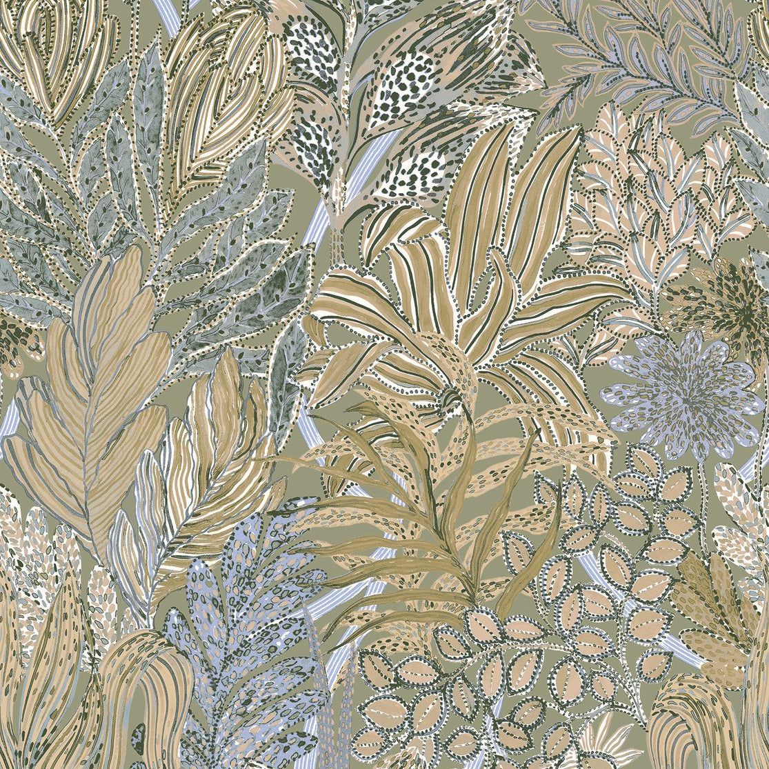 Tropical Leaf Pattern Wallpaper BORROMMEE - SAGE/LILAC beige with lilac