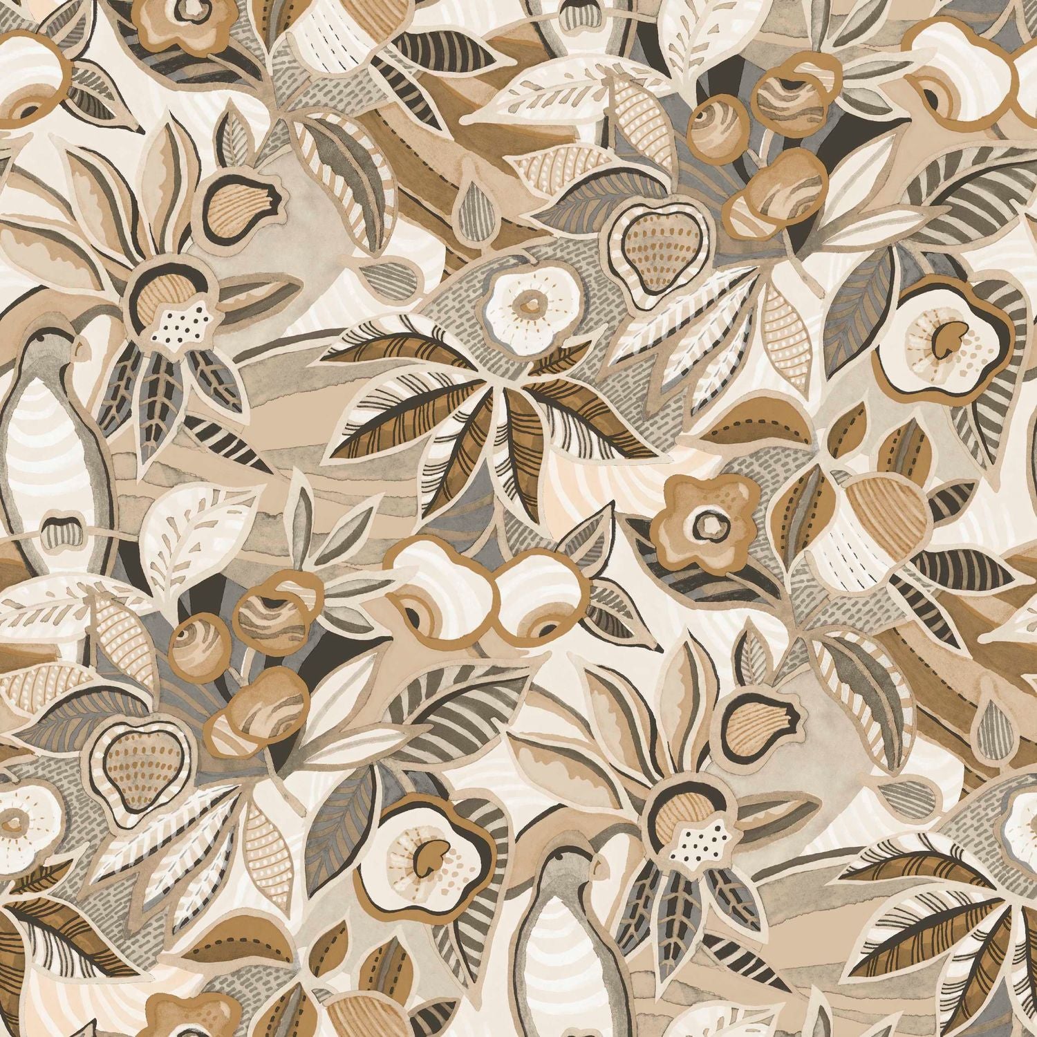 Vinyl wallpaper on non-woven backing with a plant motif TEHUANA - MARRON GLACÉ/MORDORÉ golden chestnut