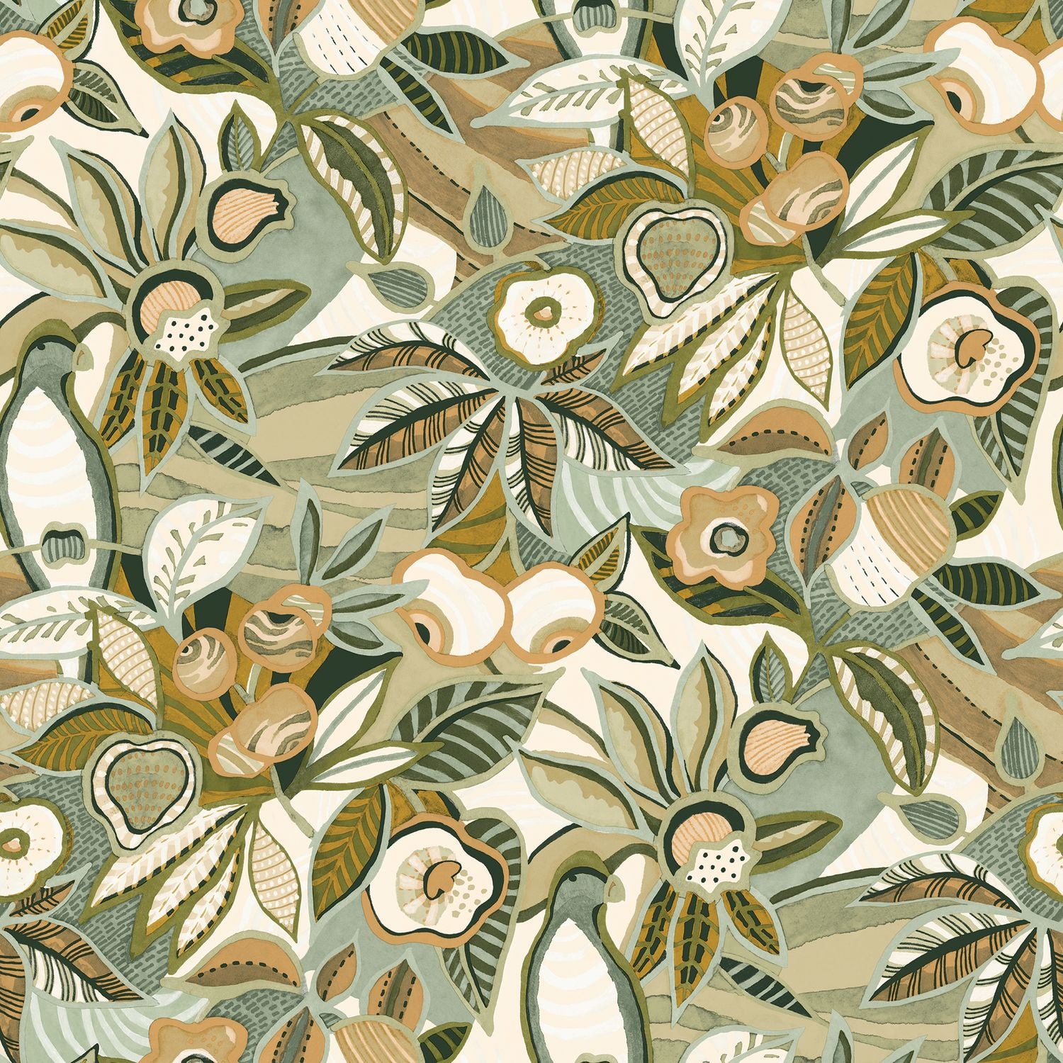 Structural wallpaper with a plant motif of leaves and flowers TEHUANA - CÉLADON/AMANDE mint green with almond