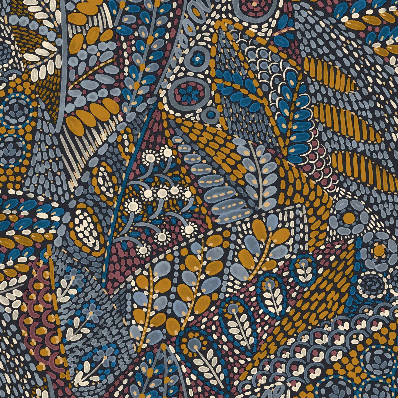 Tapete mit Pflanzenmotiv TALAVERA - MARINE OCLE blau mit Orange
