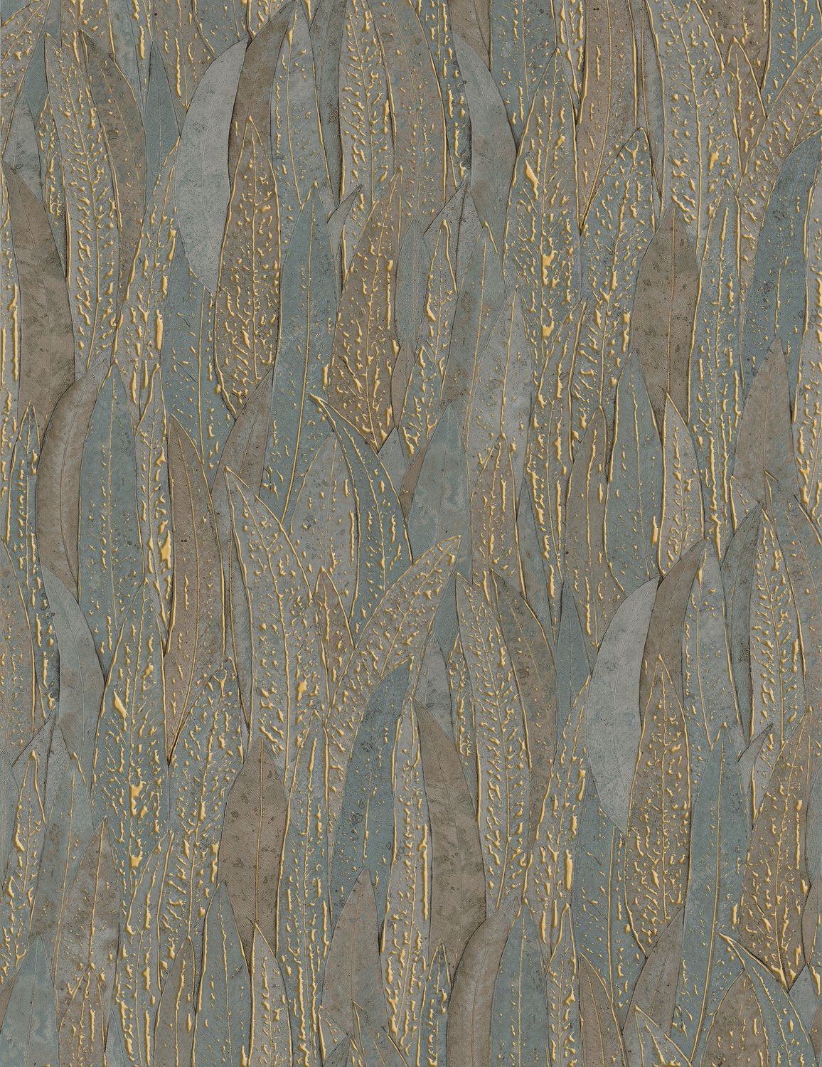 Metallische Tapete mit Eukalyptusblattmotiv CINEREA - VERT grün mit Gold