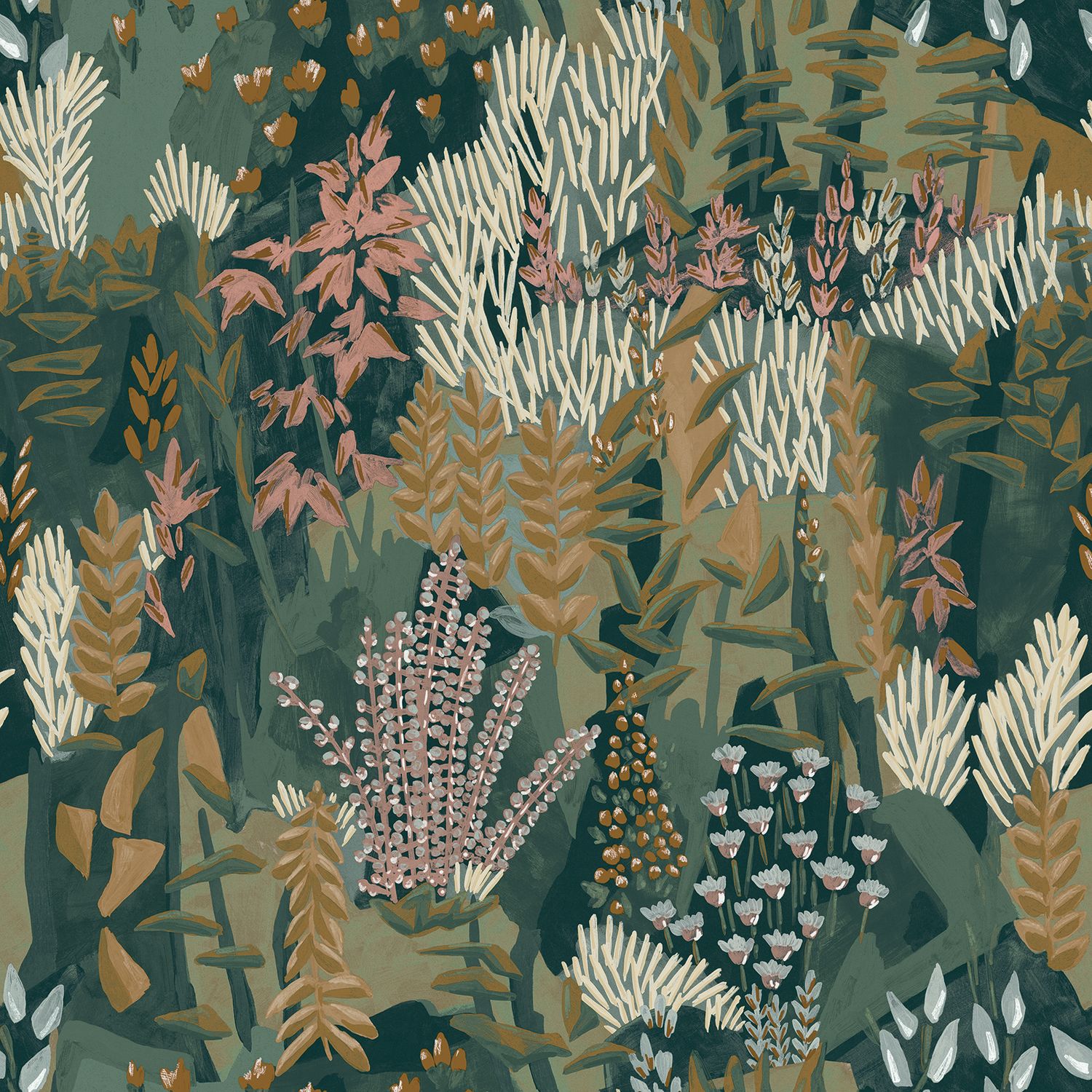 Plant-themed wallpaper with leaves and flowers ERICA - JASPE/MORDORÉ green